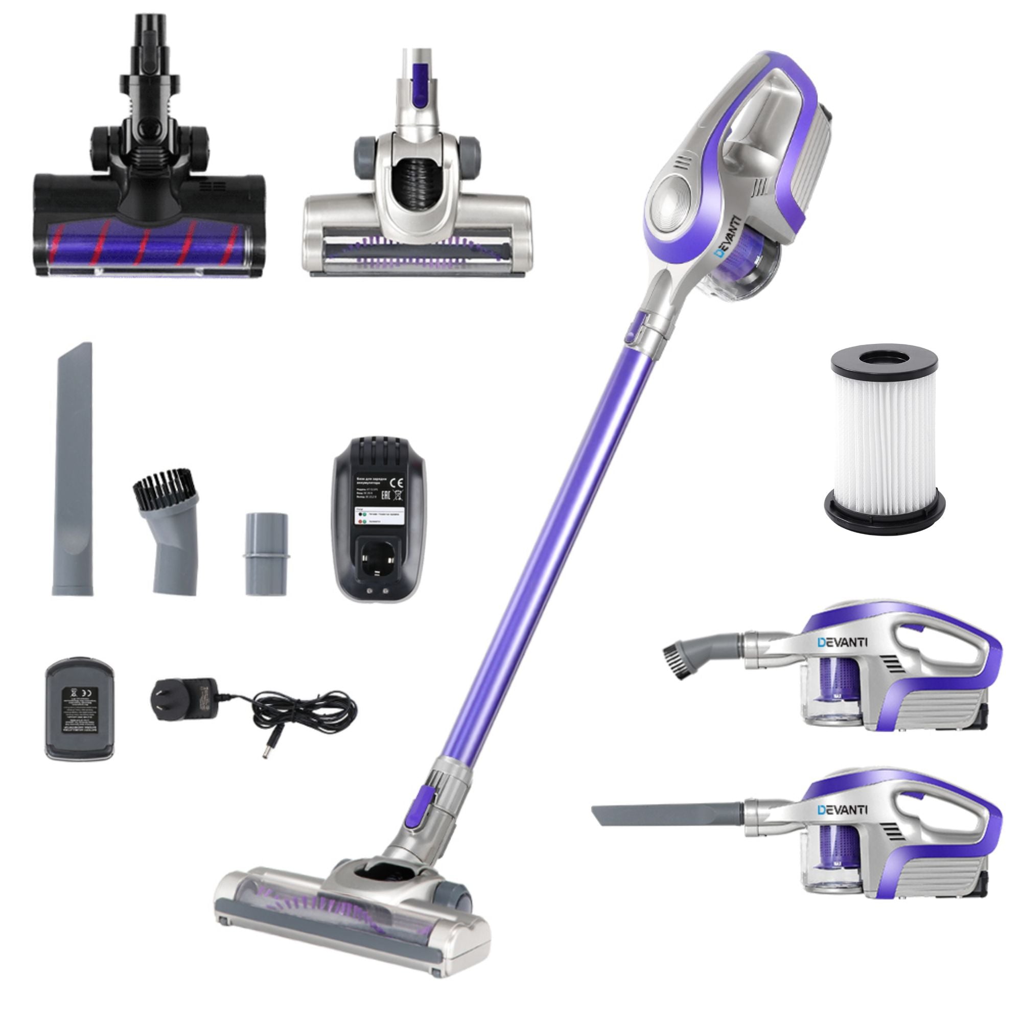 Devanti Stick Vacuum Cleaner Roller Brush Cordless 150W Purple-Vacuum Cleaners-PEROZ Accessories