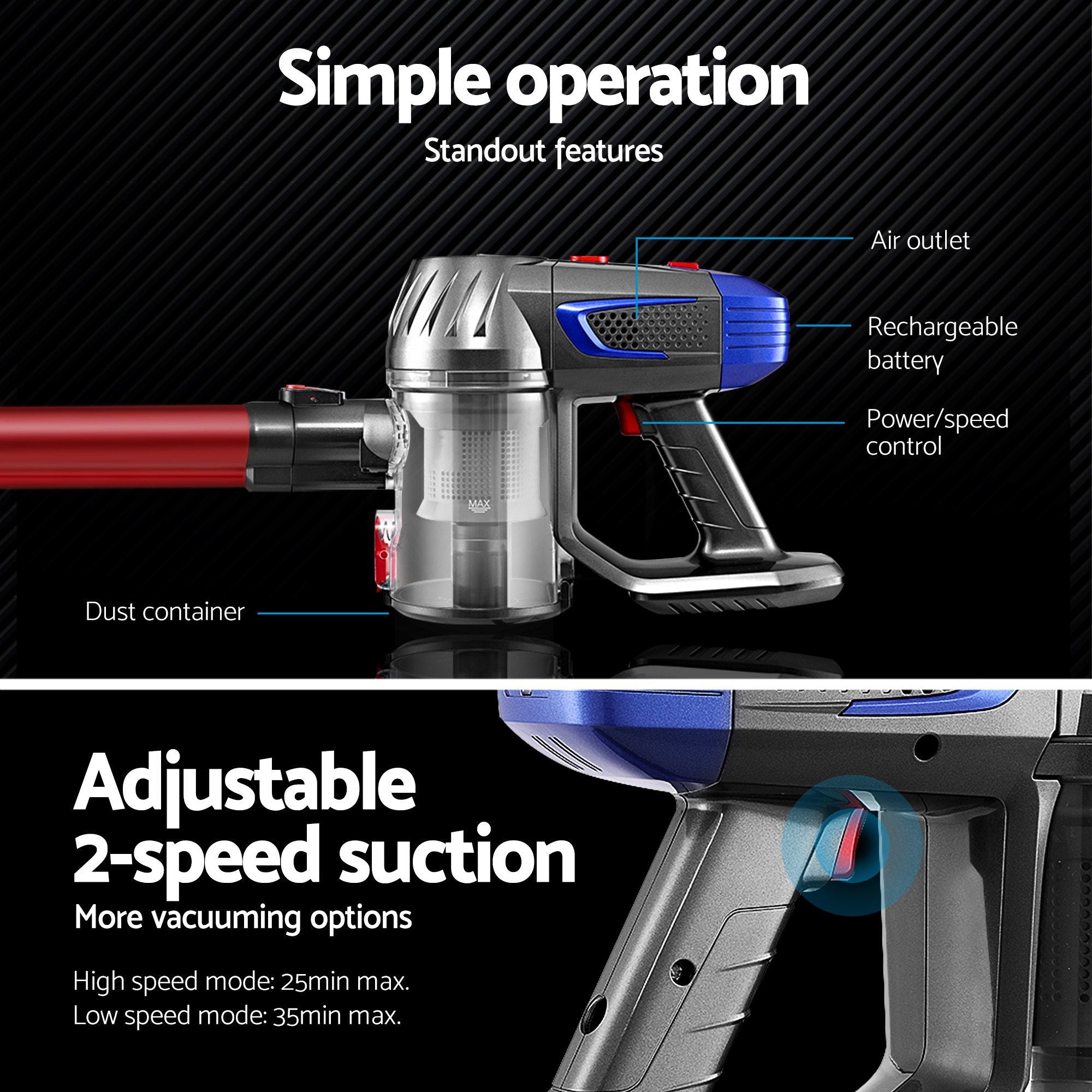 Devanti Stick Vacuum Cleaner Bagless Cordless Red 150W-Vacuum Cleaners-PEROZ Accessories