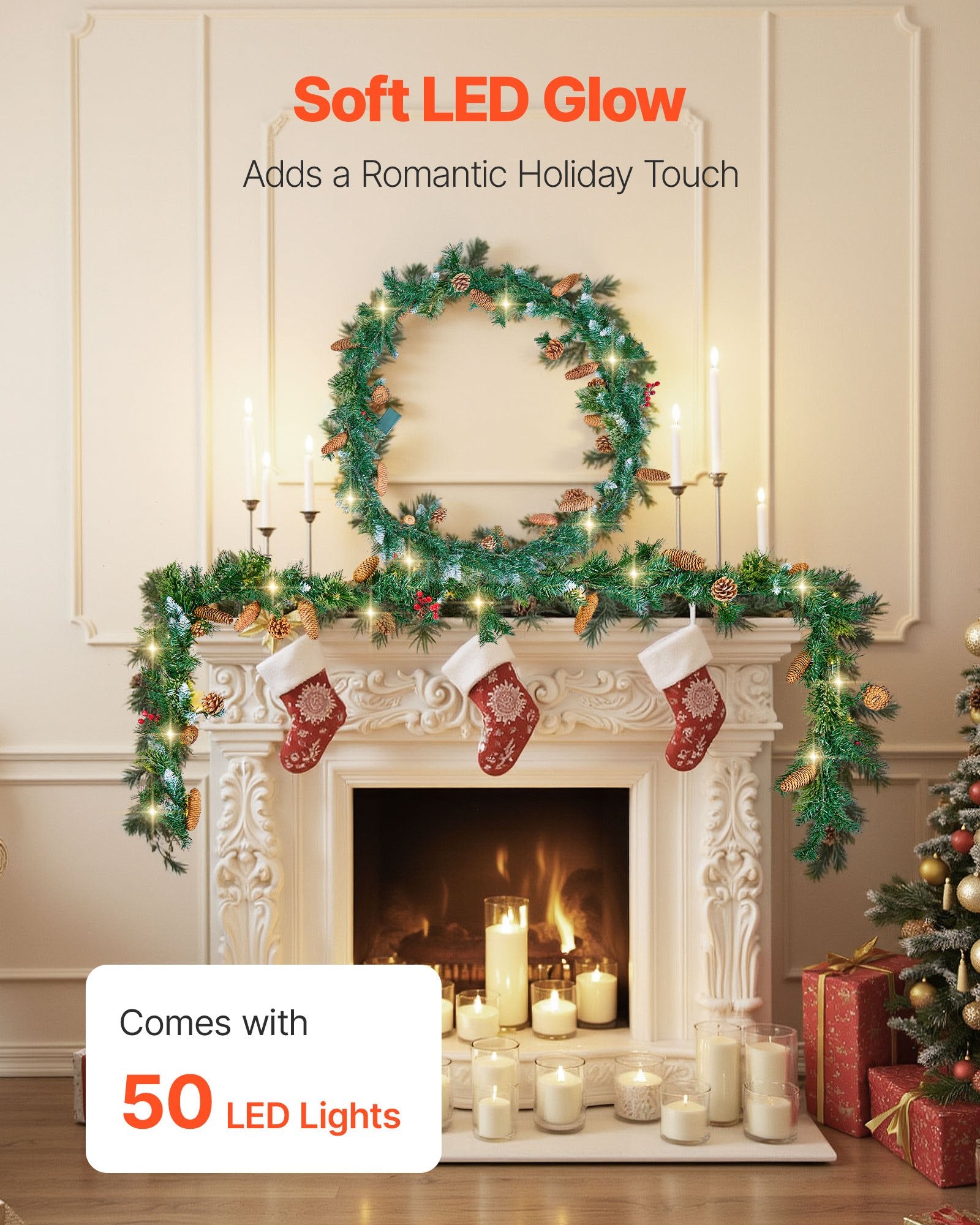 VEVOR Christmas Garland, 2750mm Artificial Christmas Garland with Light String, Faux Greenery Decoration with Berry Clusters, Pine Needles, Pine Cones, Realistic Xmas Collection for Mantel Fireplace-Occasions > Christmas > Christmas Wreaths & Garlands-PEROZ Accessories