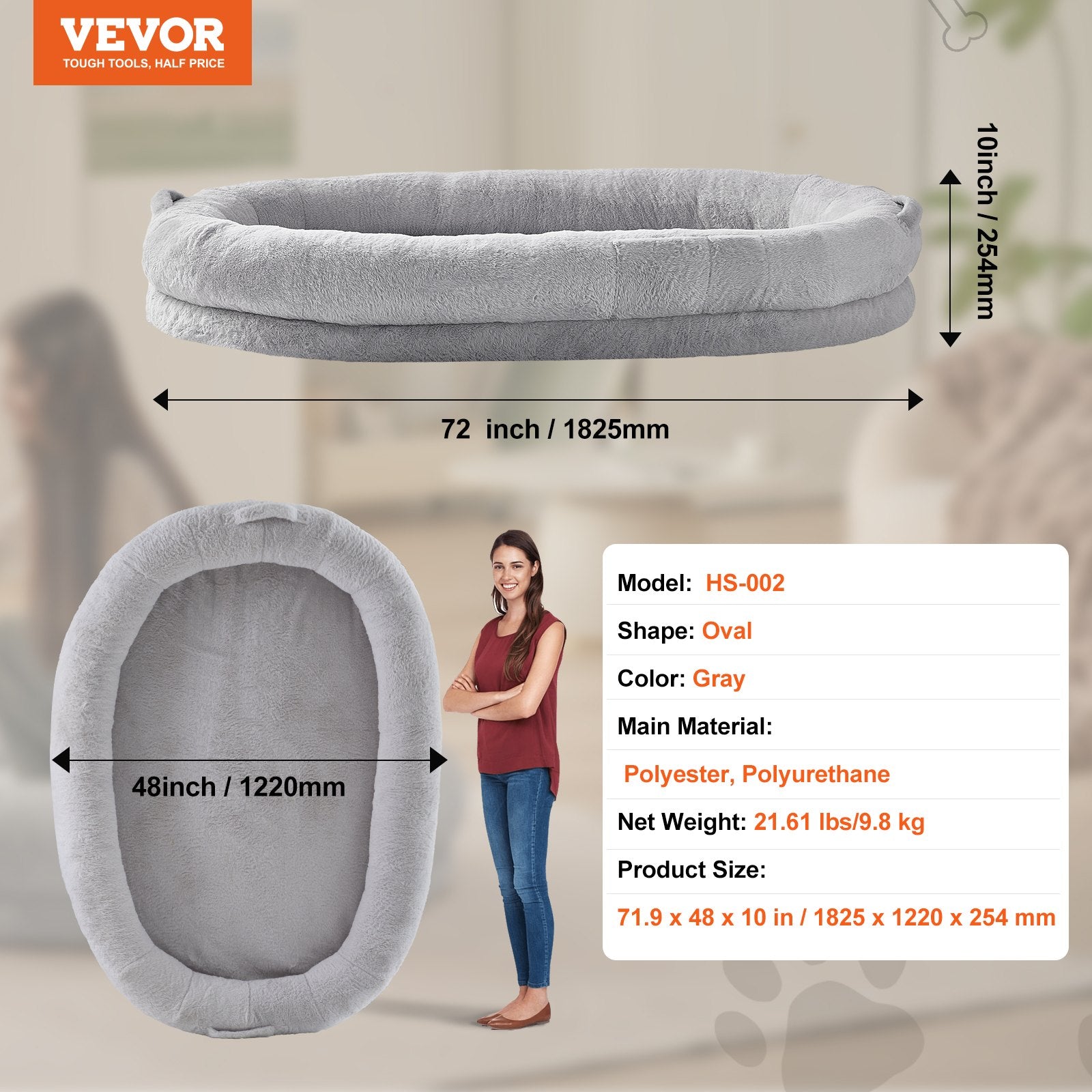 VEVOR Human Dog Bed 1825x1220x254 mm Human Size Dog Bed Washable Faux Rabbit Fur-Pet Care > Dog Supplies > Dog Beds-PEROZ Accessories