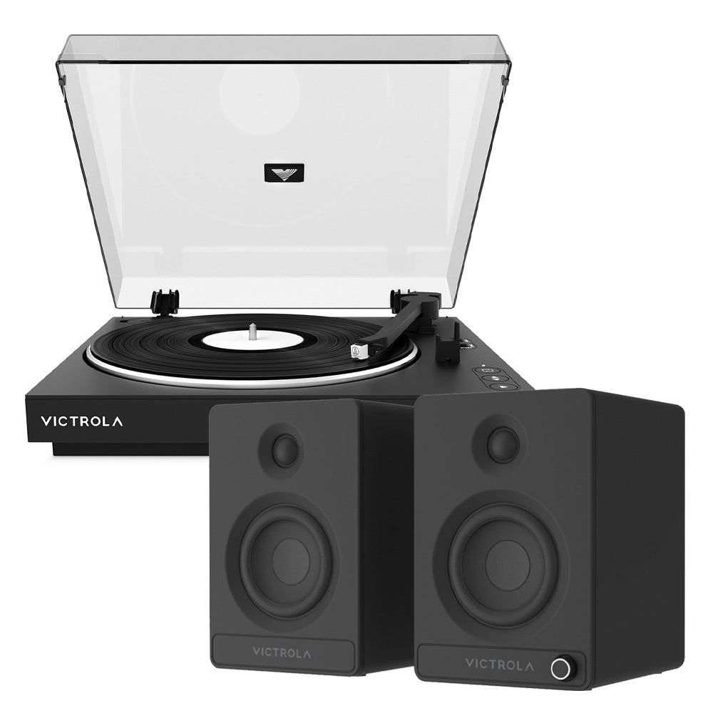 Victrola Automatic Turntable + Victrola Tempo Bookshelf Speakers Bundle - Black-Audio & Video > Musical Instrument & Accessories > Audio Players & Recorders-PEROZ Accessories