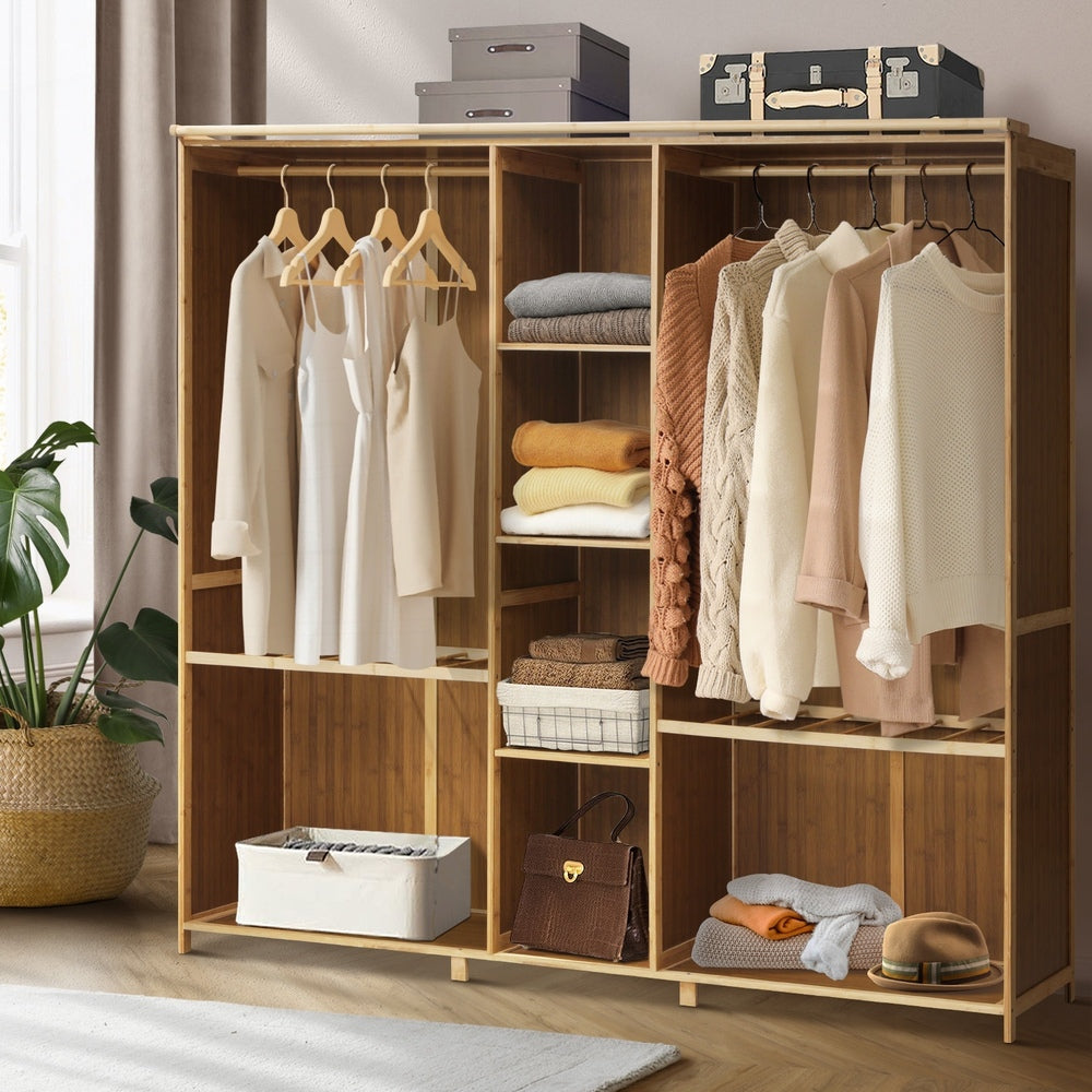 Oikiture Open Wardrobe Clothes Storage Hanging Rail Bamboo-Wardrobe-PEROZ Accessories