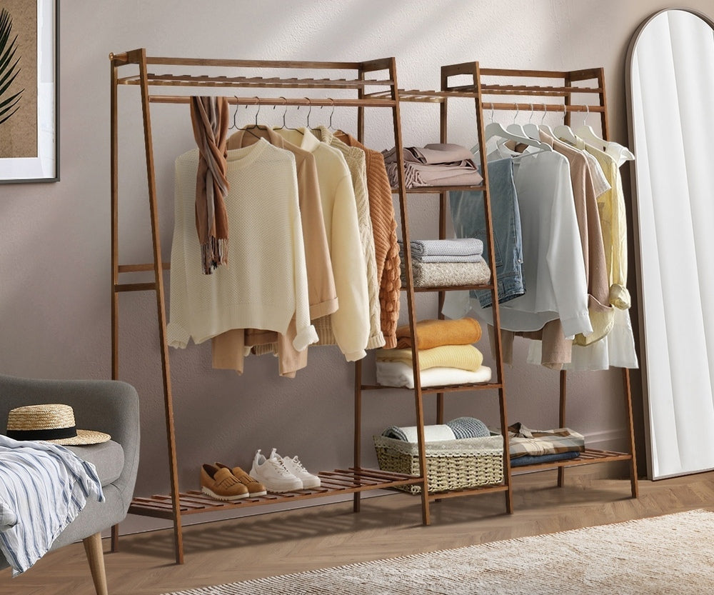 Oikiture Clothes Rack Open Wardrobe Hanging Rail Bamboo 9 Shelves-Wardrobe-PEROZ Accessories