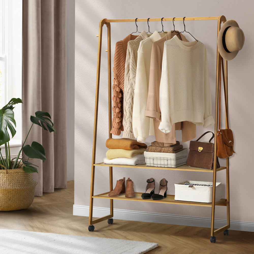 Oikiture Clothes Rack Bamboo Hanging Rail Portable Wheels-Wardrobe-PEROZ Accessories