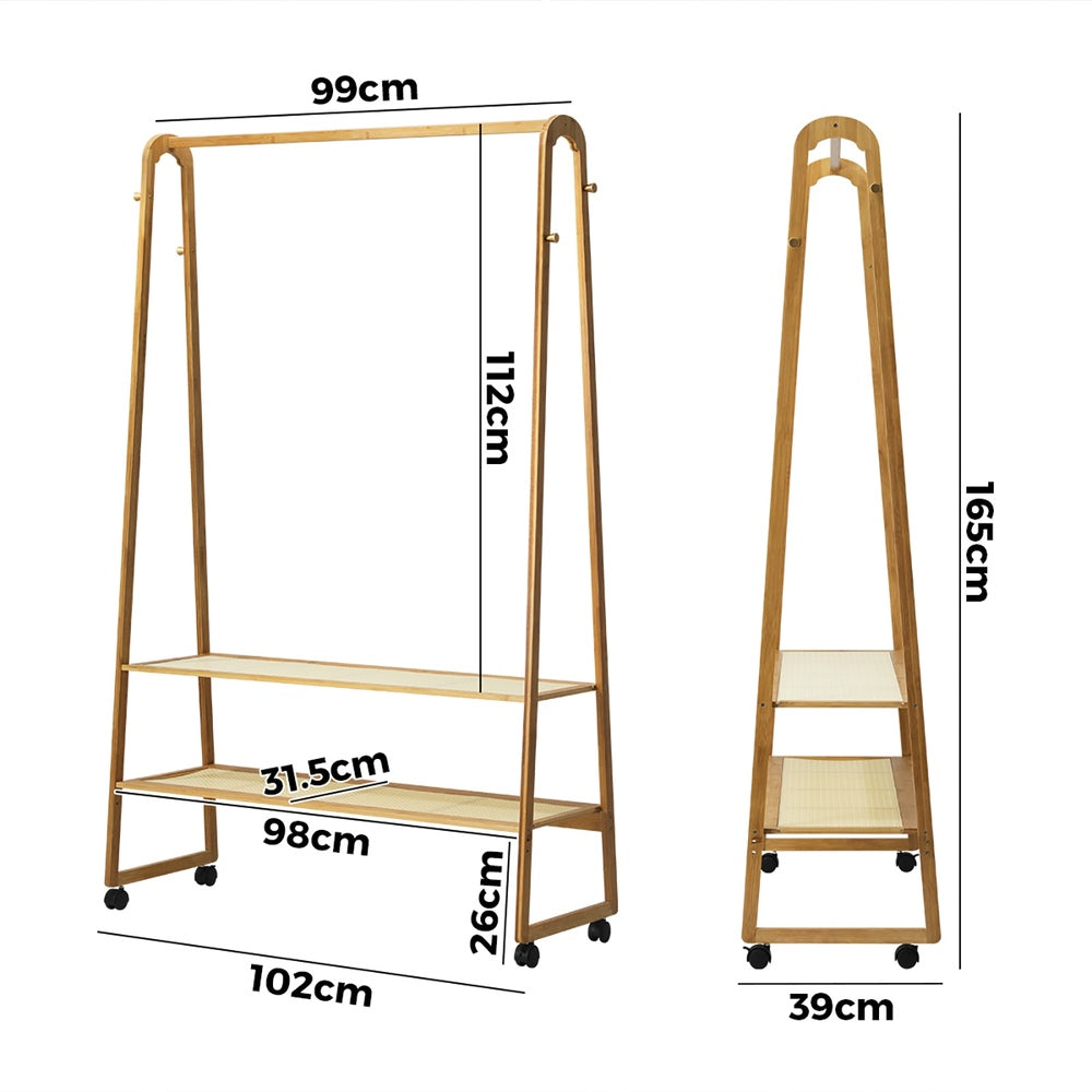 Oikiture Clothes Rack Bamboo Hanging Rail Portable Wheels-Wardrobe-PEROZ Accessories