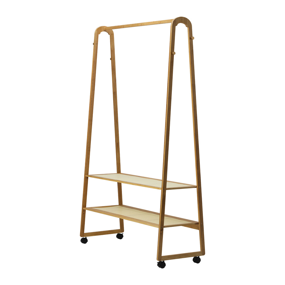 Oikiture Clothes Rack Bamboo Hanging Rail Portable Wheels-Wardrobe-PEROZ Accessories