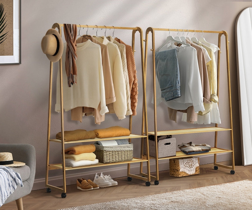 Oikiture Clothes Rack Bamboo Hanging Rail Portable Wheels-Wardrobe-PEROZ Accessories
