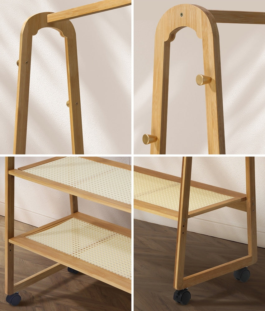 Oikiture Clothes Rack Bamboo Hanging Rail Portable Wheels-Wardrobe-PEROZ Accessories