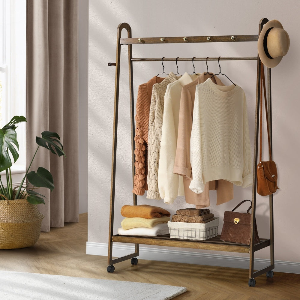 Oikiture Clothes Rack Hanging Rail Bamboo Portable Wheels-Wardrobe-PEROZ Accessories