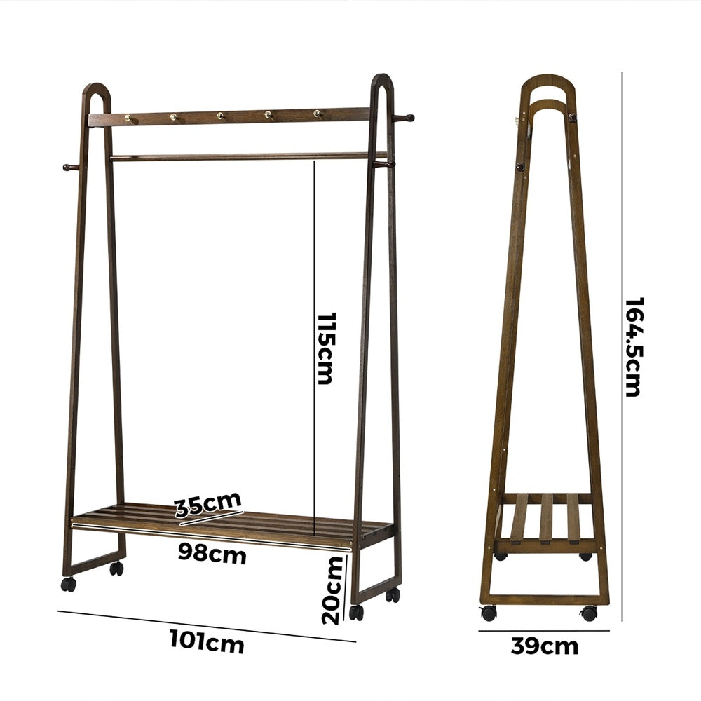 Oikiture Clothes Rack Hanging Rail Bamboo Portable Wheels-Wardrobe-PEROZ Accessories
