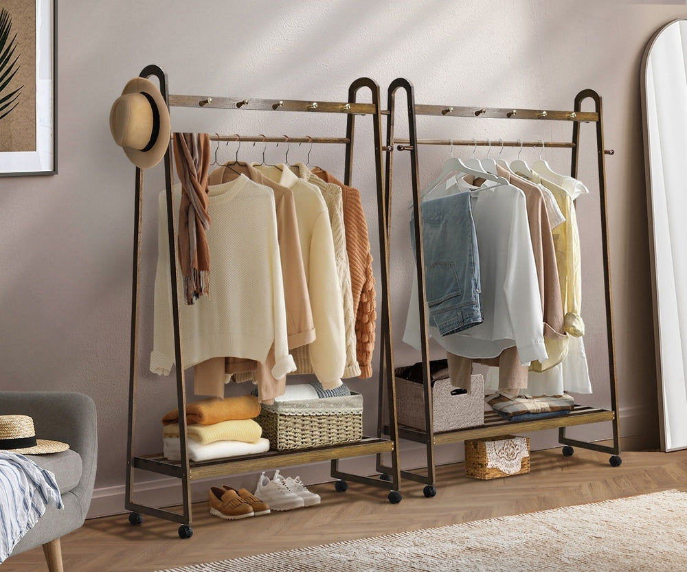 Oikiture Clothes Rack Hanging Rail Bamboo Portable Wheels-Wardrobe-PEROZ Accessories
