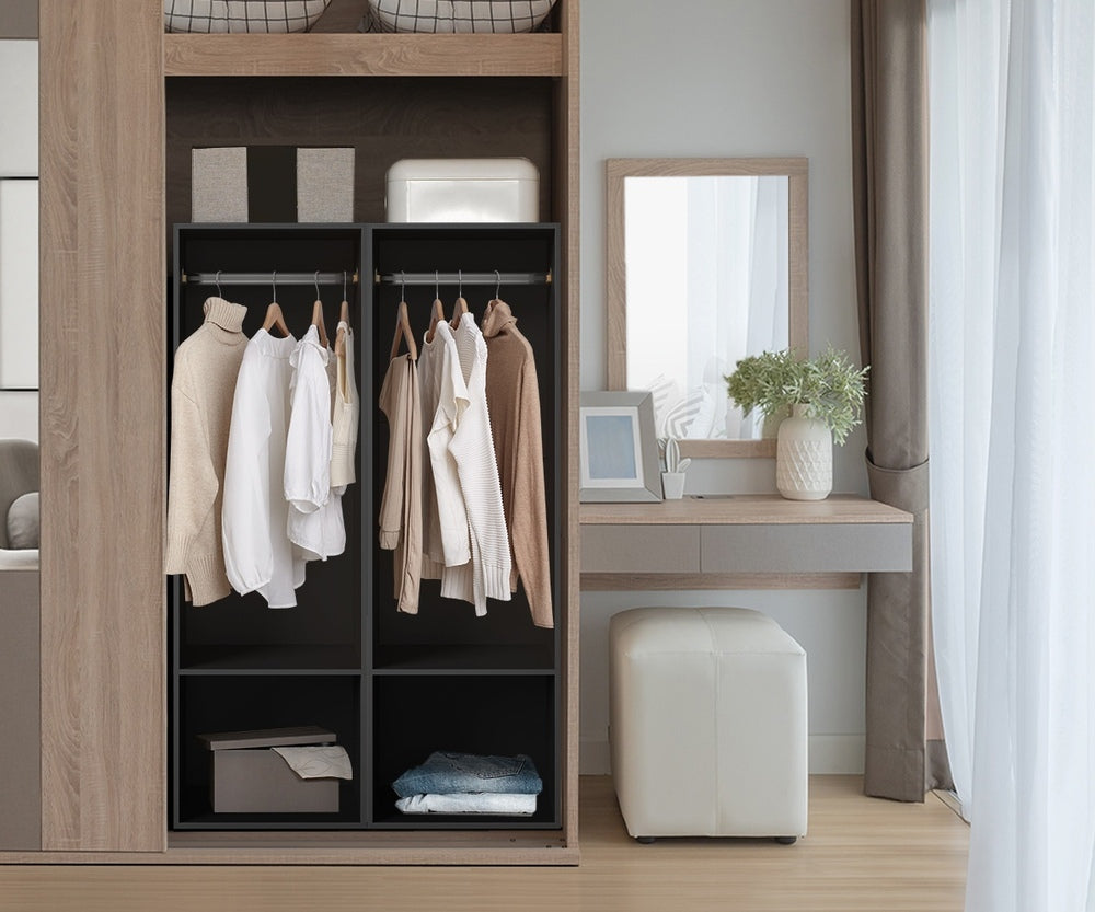 Oikiture Open Wardrobe Shelf Unit 2 Shelves Hanging Rail Black-Wardrobe-PEROZ Accessories