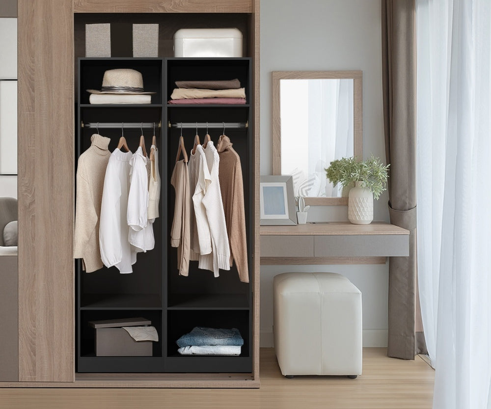 Oikiture Open Wardrobe Shelf Unit 3 Shelves Hanging Rail Black-Wardrobe-PEROZ Accessories