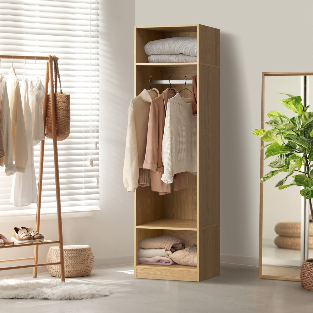 Oikiture Open Wardrobe 3 Drawers Hanging Rail Natural-Wardrobe-PEROZ Accessories
