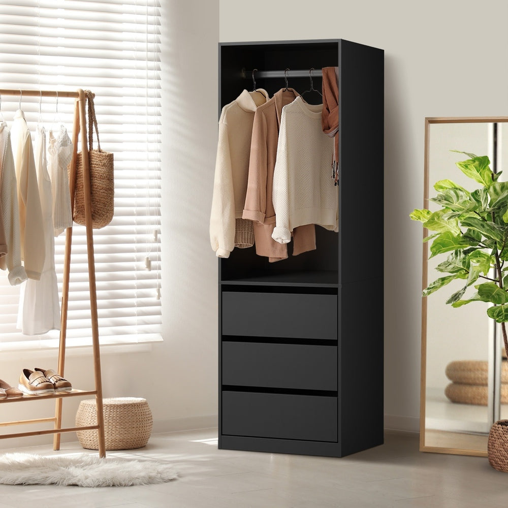 Oikiture Open Wardrobe Shelf Unit 3 Drawers Hanging Rail Black-Wardrobe-PEROZ Accessories