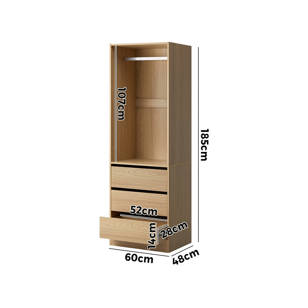 Oikiture Wardrobe 3 Drawers Hanging Rail Natural-Wardrobe-PEROZ Accessories