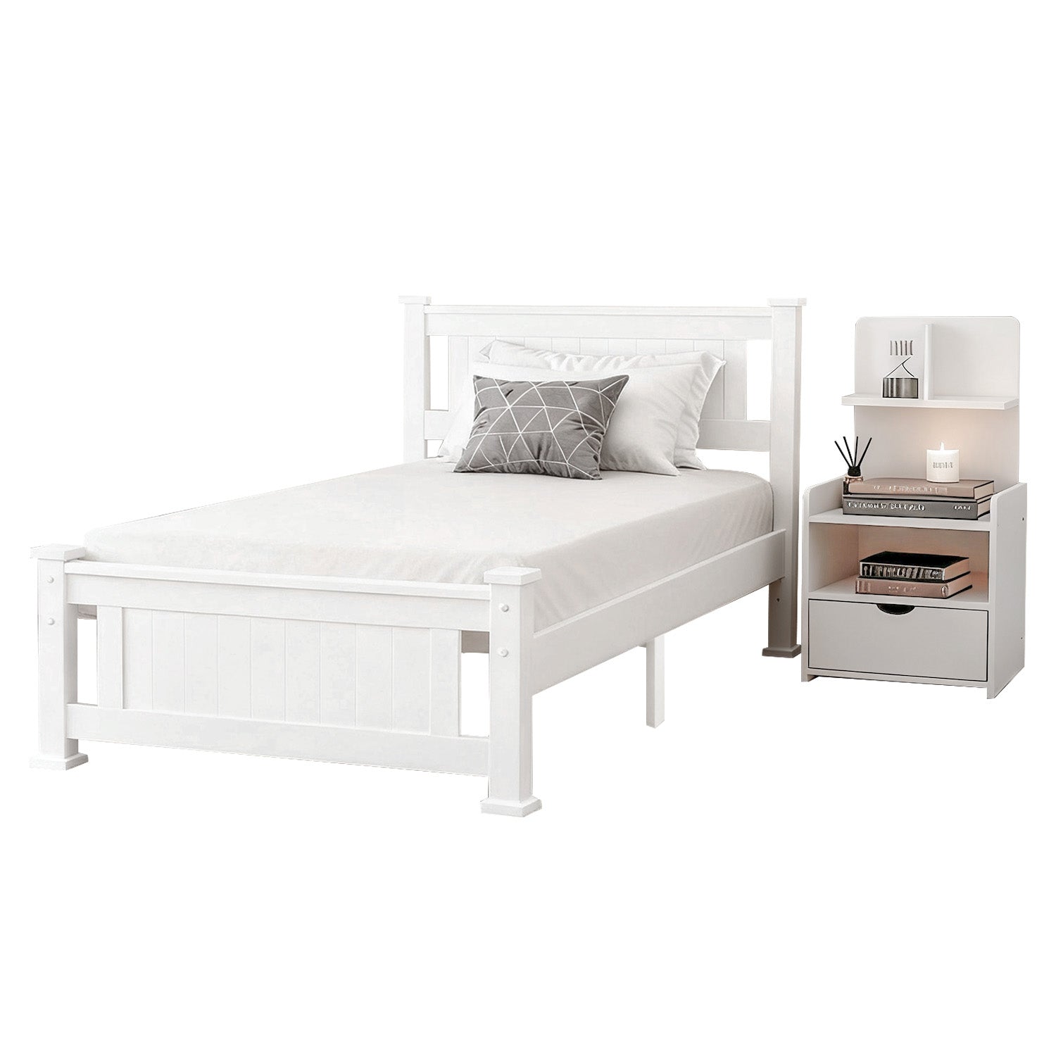 Artiss King Single Bed Frame and Bedside Table White-Furniture > Bedroom > Beds & Bed Frames-PEROZ Accessories