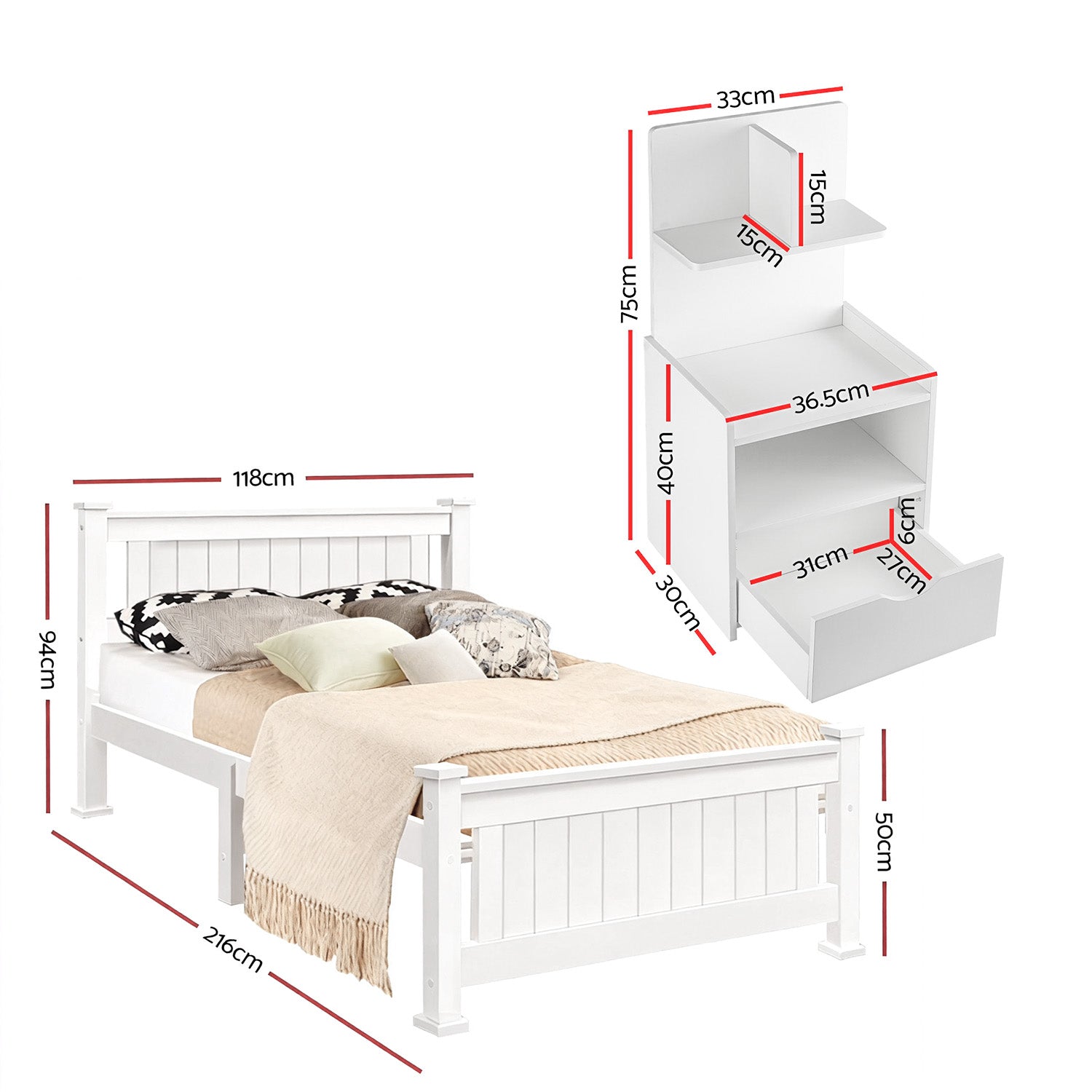 Artiss King Single Bed Frame and Bedside Table White-Furniture > Bedroom > Beds & Bed Frames-PEROZ Accessories