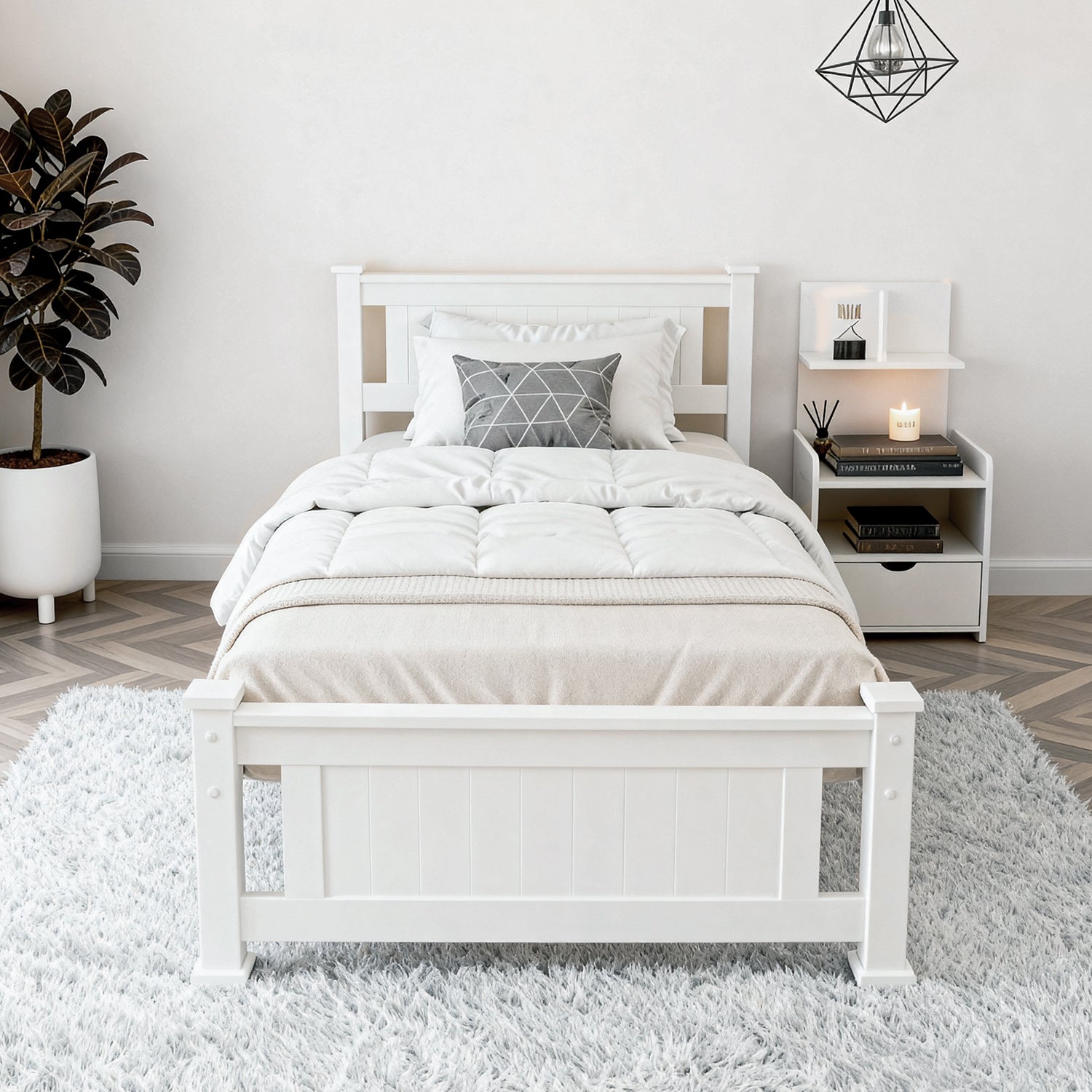 Artiss King Single Bed Frame and Bedside Table White-Furniture > Bedroom > Beds & Bed Frames-PEROZ Accessories