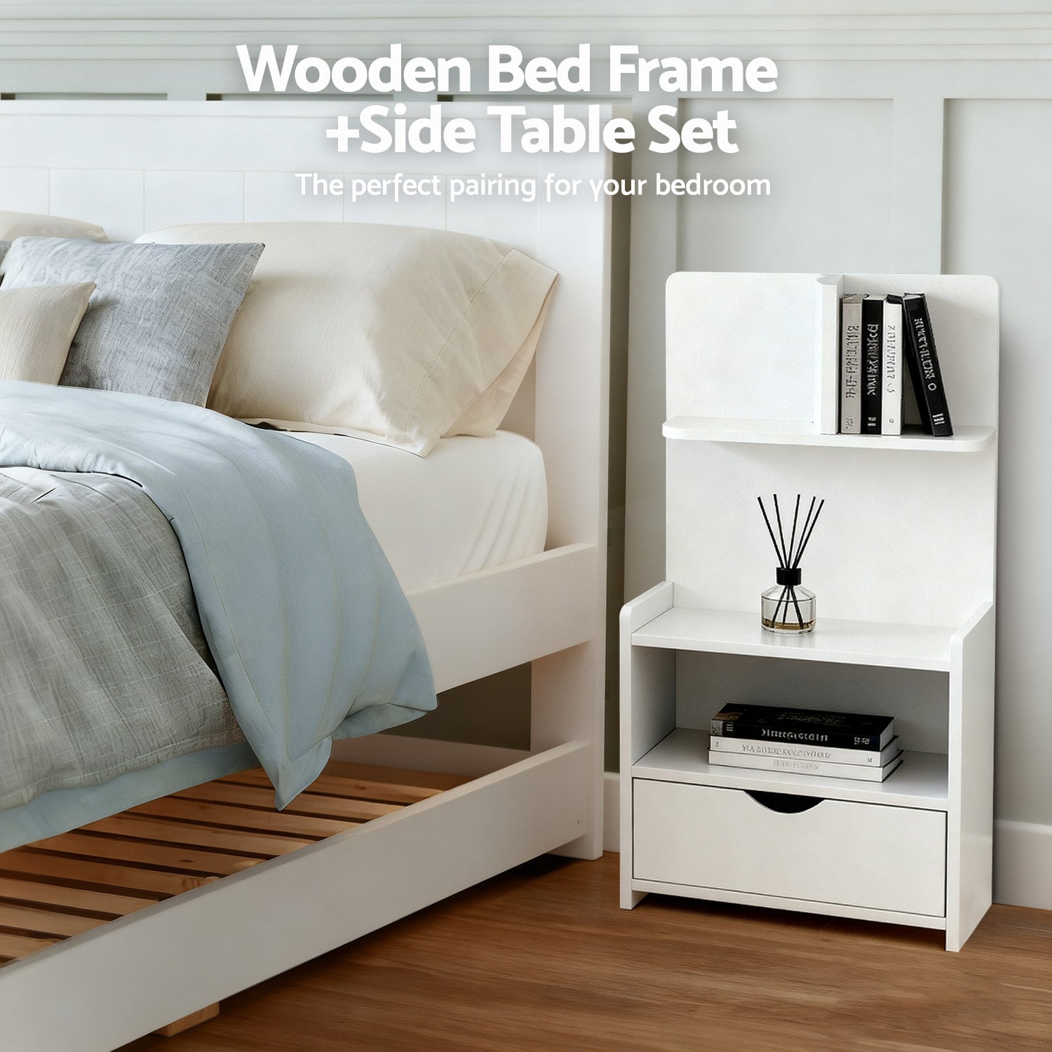 Artiss King Single Bed Frame and Bedside Table White-Furniture > Bedroom > Beds & Bed Frames-PEROZ Accessories