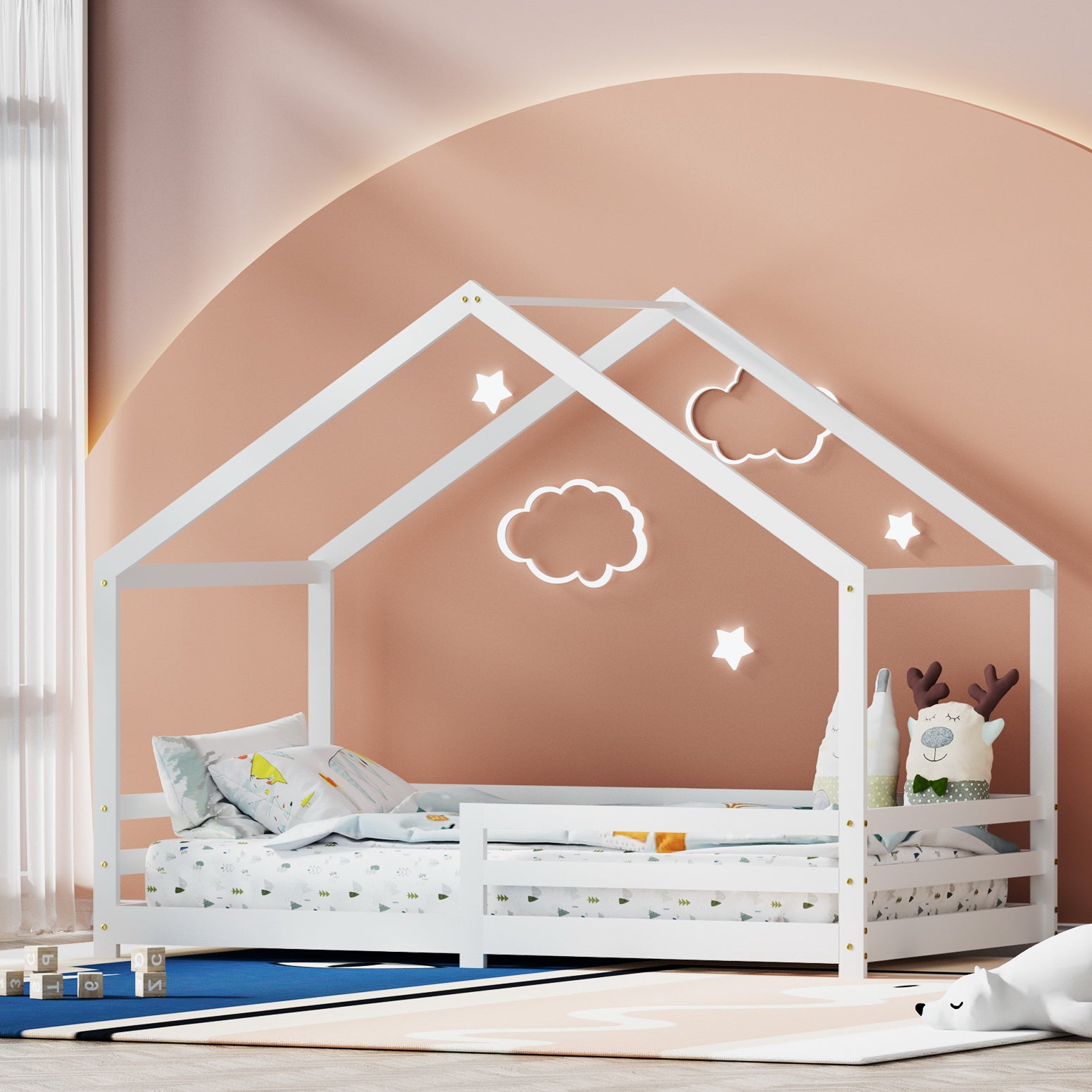 Artiss Bed Frame Wooden Kids Single House Frame White AMOS-Furniture > Bedroom-PEROZ Accessories