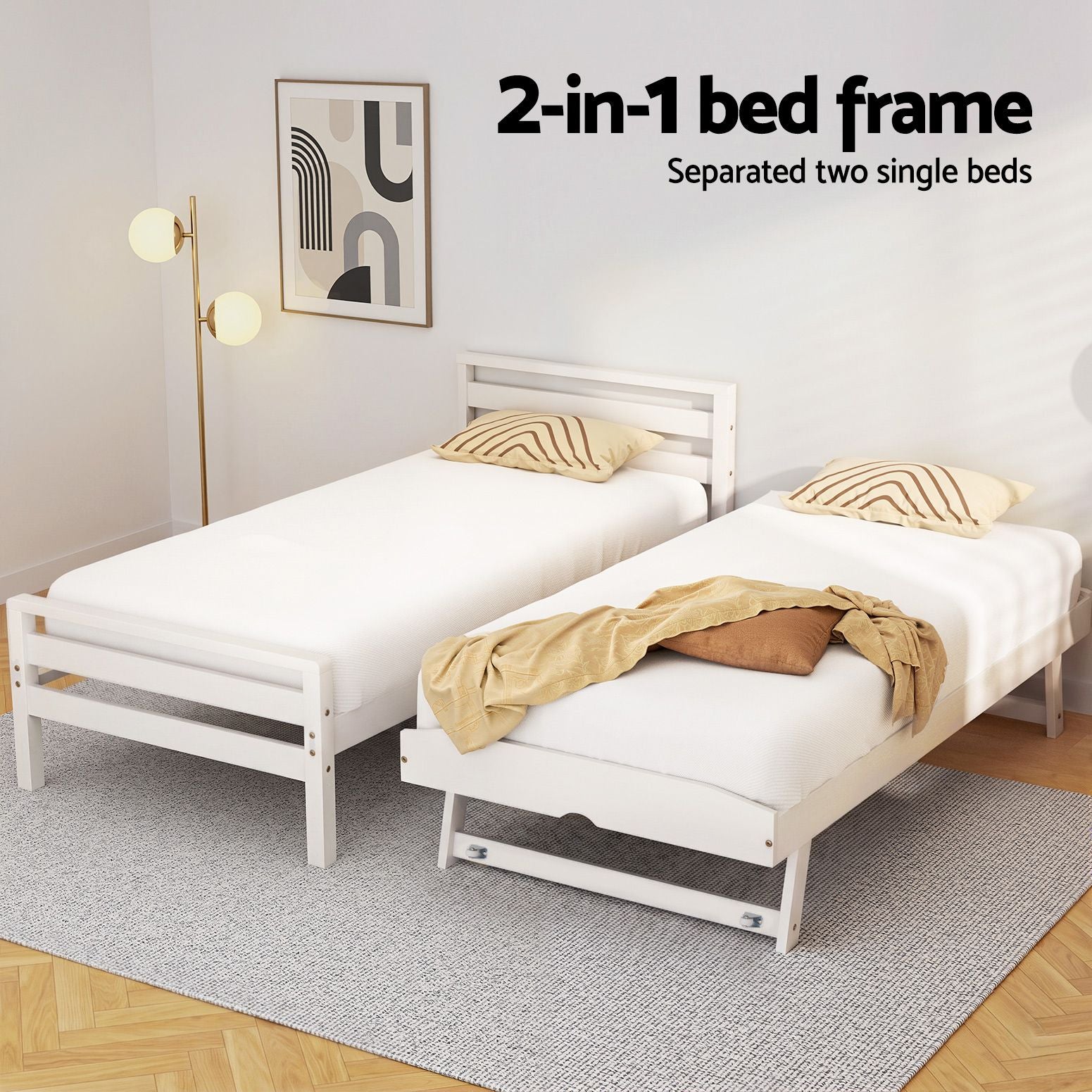 Artiss Bed Frame Single Size 2-in-1 Trundle Wooden White AVIS-Furniture > Bedroom-PEROZ Accessories