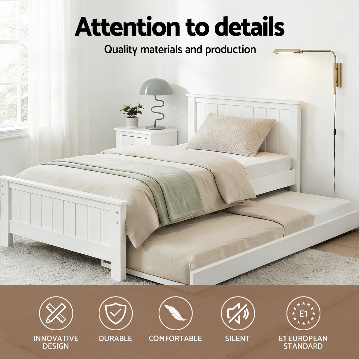 Artiss Wooden Trundle Bed Frame Timber Slat King Single Size White-Bed Frames-PEROZ Accessories