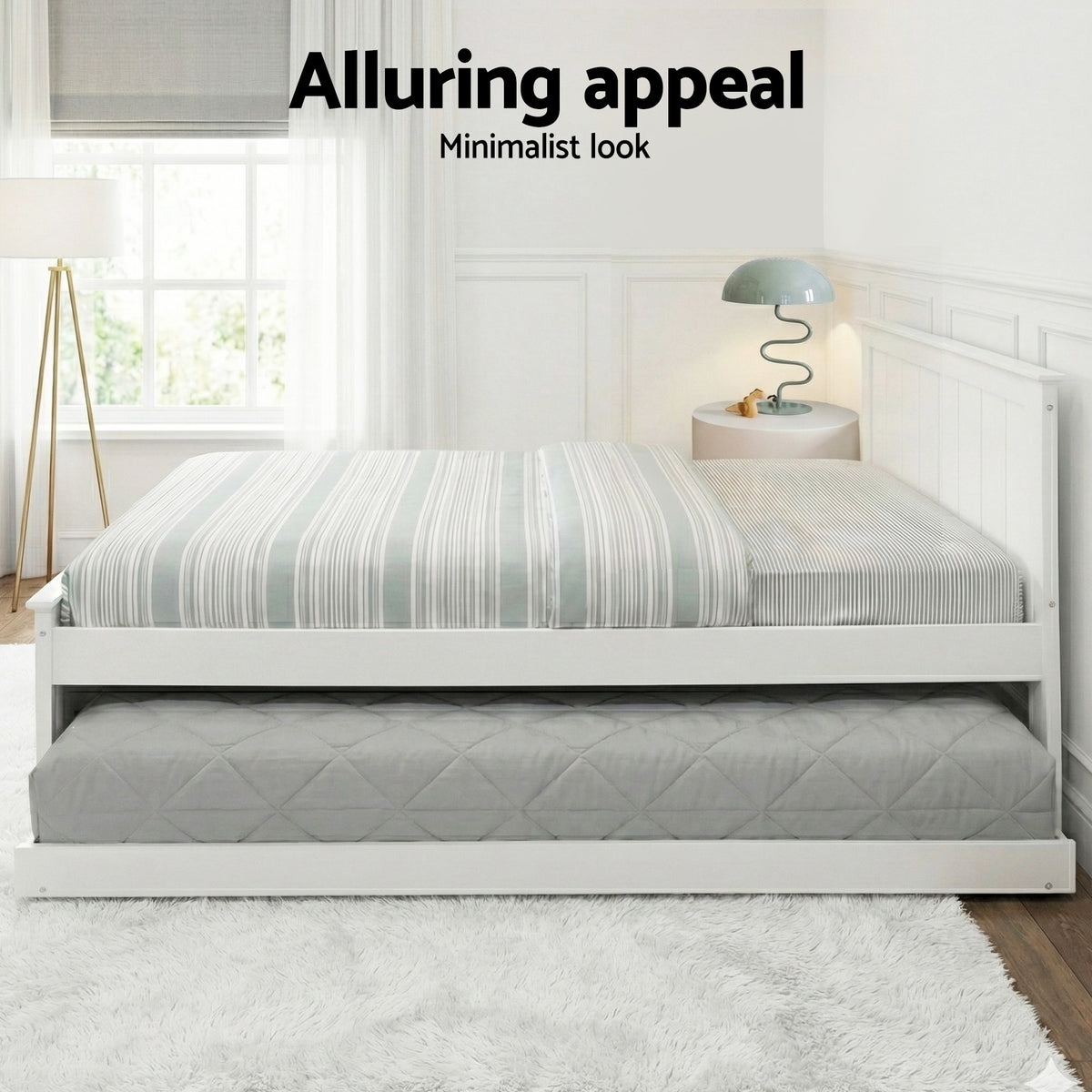 Artiss Wooden Trundle Bed Frame Timber Slat King Single Size White-Bed Frames-PEROZ Accessories
