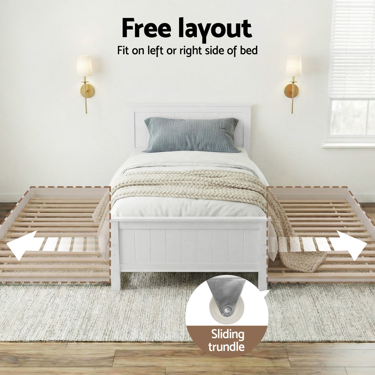 Artiss Wooden Trundle Bed Frame Timber Slat King Single Size White-Bed Frames-PEROZ Accessories