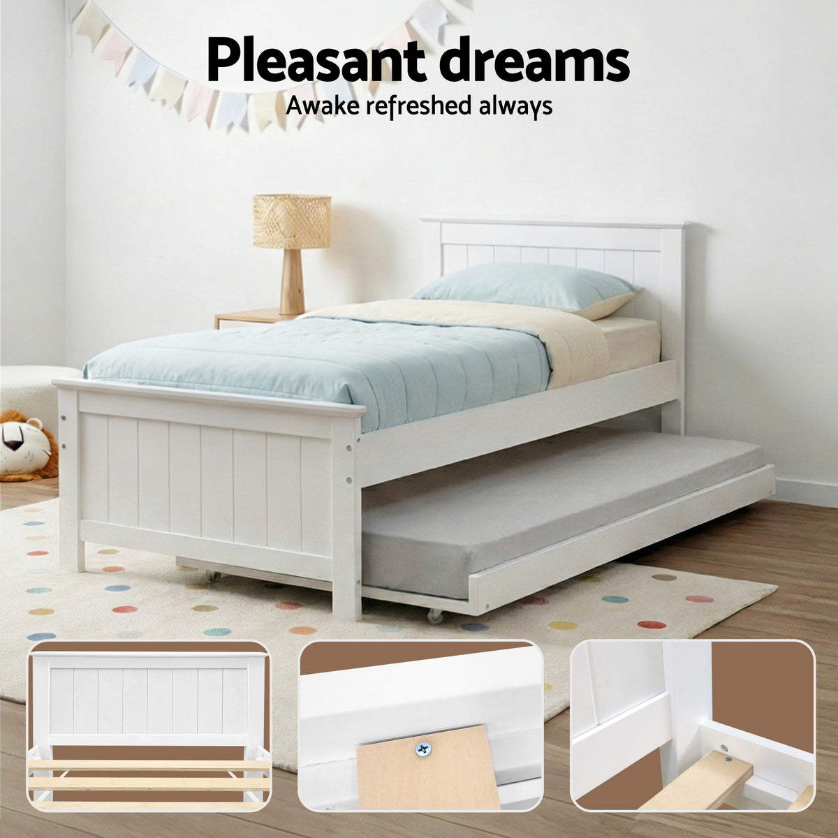 Artiss Wooden Trundle Bed Frame Timber Slat King Single Size White-Bed Frames-PEROZ Accessories