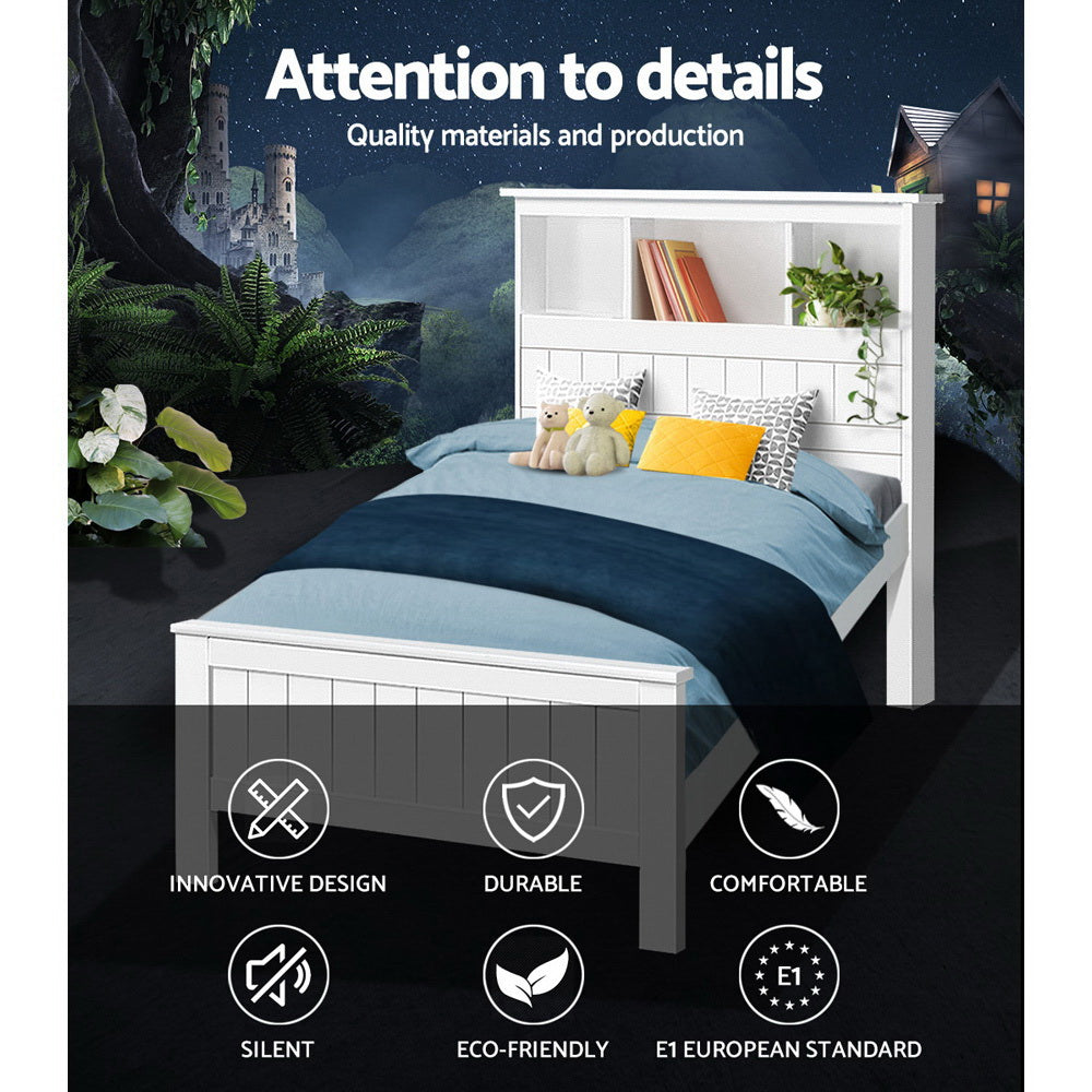 Artiss Bed Frame King Single Size Wooden with 3 Shelves Bed Head White-Bed Frames-PEROZ Accessories