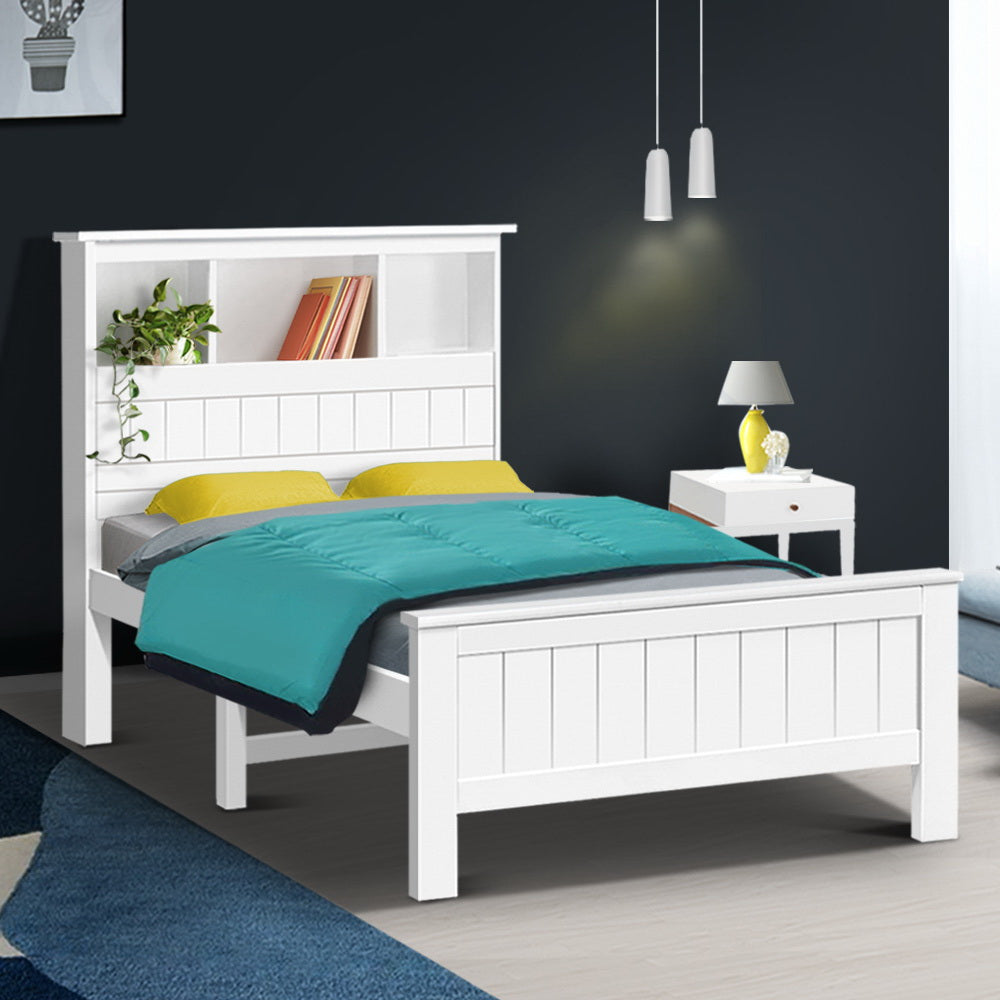 Artiss Bed Frame King Single Size Wooden with 3 Shelves Bed Head White-Bed Frames-PEROZ Accessories