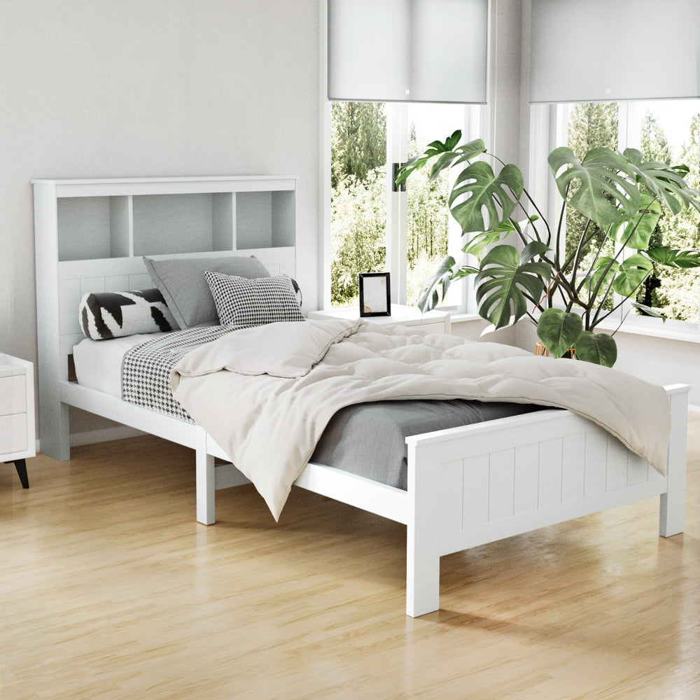 Artiss Bed Frame King Single Size Wooden with 3 Shelves Bed Head White-Bed Frames-PEROZ Accessories