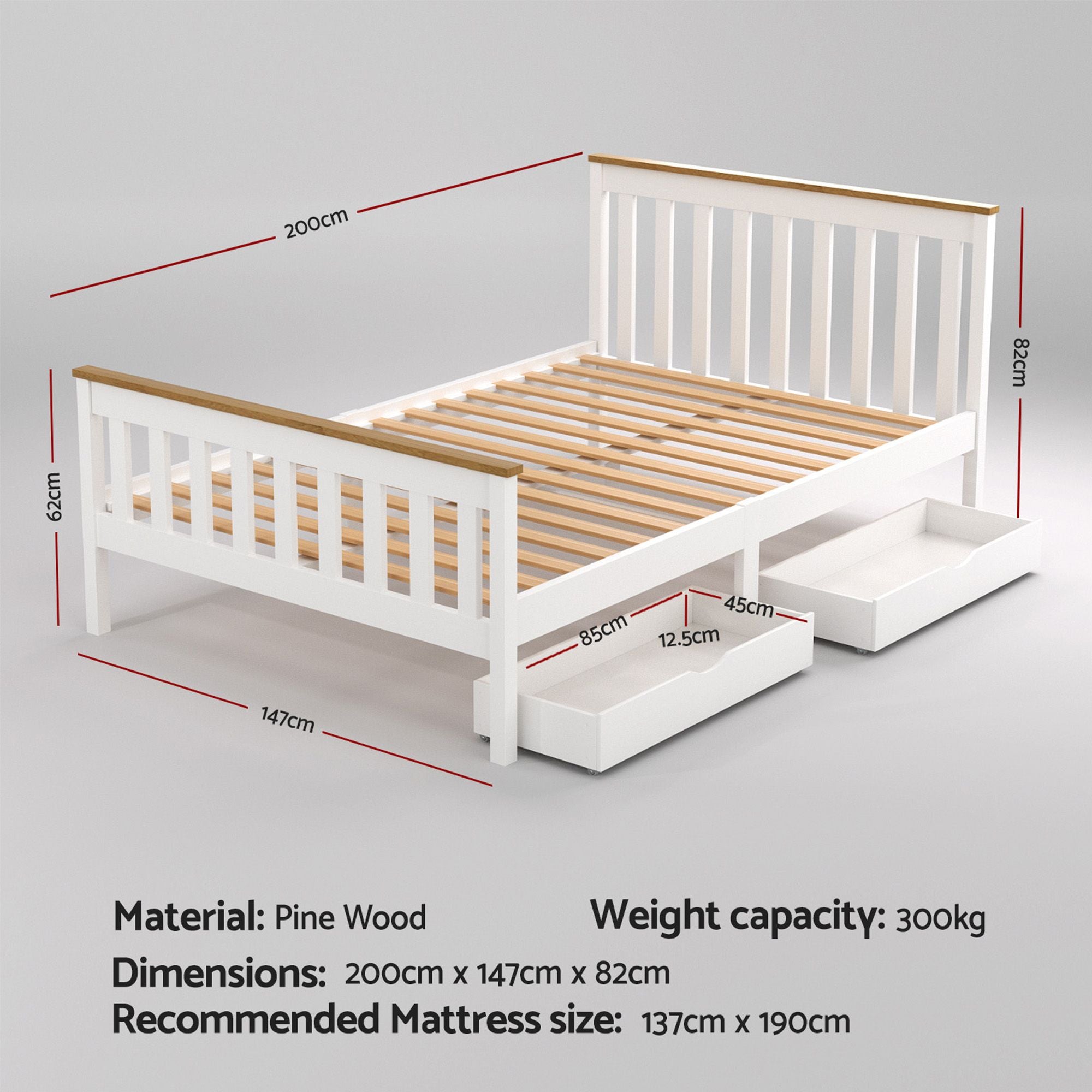 Artiss Bed Frame Double Size Wooden Platform with 2 Storage Drawers White PONY-Furniture > Bedroom > Beds & Bed Frames-PEROZ Accessories