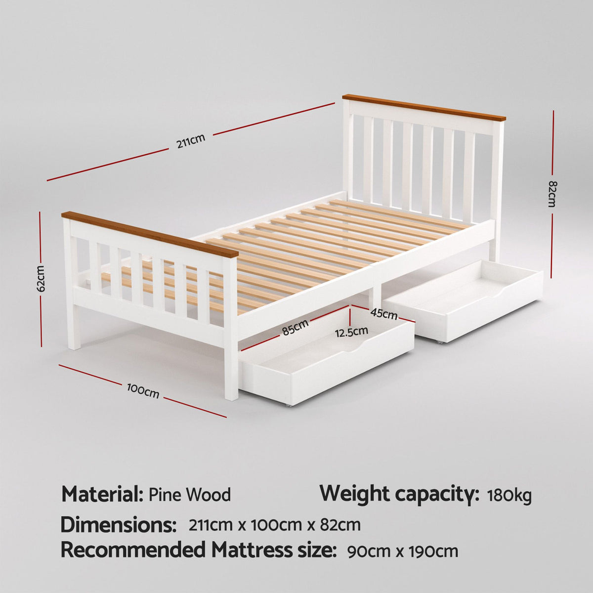 Artiss Bed Frame Single Size Wooden Platform with 2 Storage Drawers White PONY-Furniture > Bedroom > Beds & Bed Frames-PEROZ Accessories