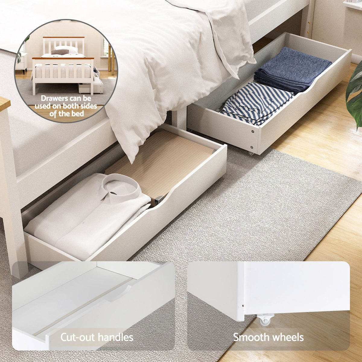 Artiss Bed Frame Single Size Wooden Platform with 2 Storage Drawers White PONY-Furniture > Bedroom > Beds & Bed Frames-PEROZ Accessories