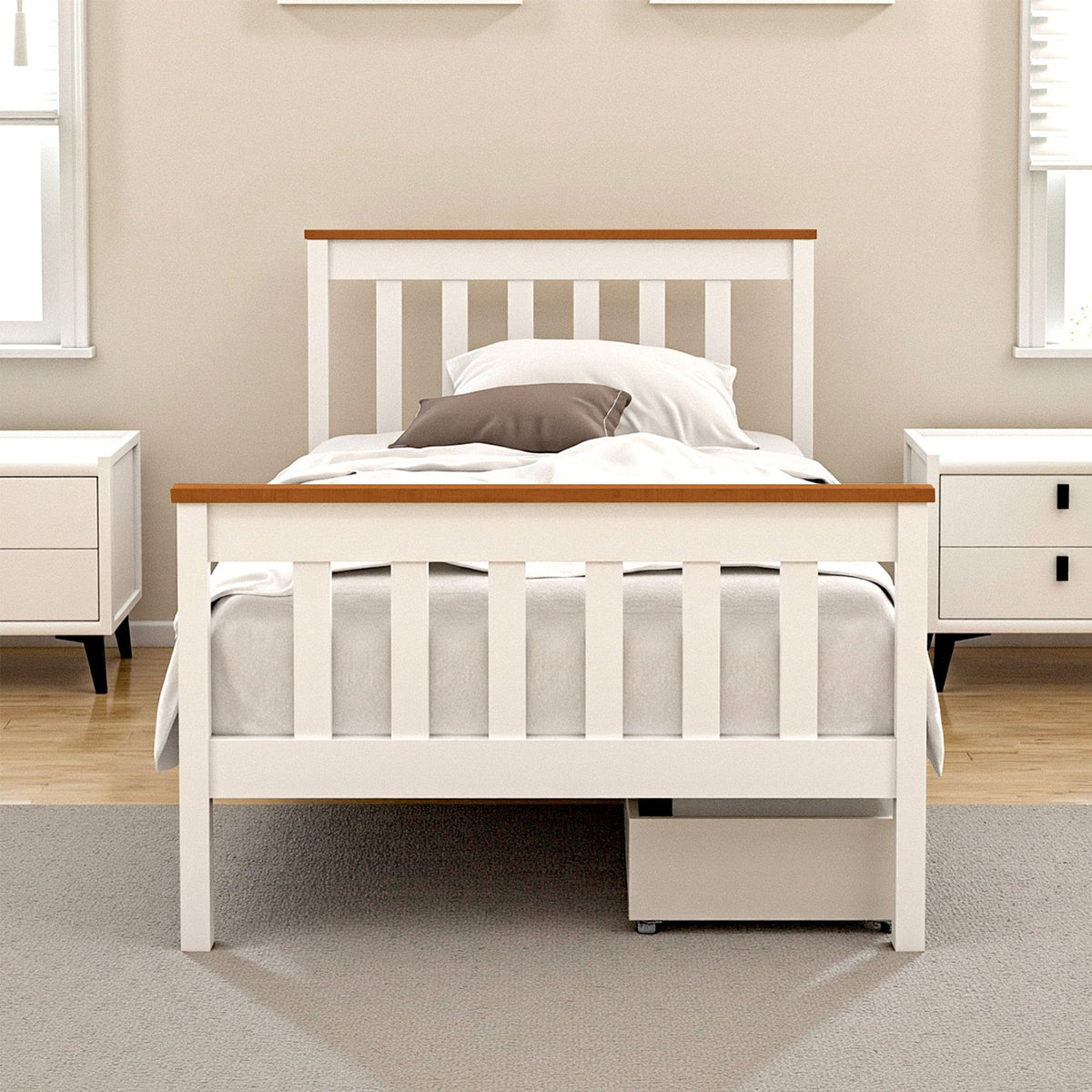 Artiss Bed Frame Single Size Wooden Platform with 2 Storage Drawers White PONY-Furniture > Bedroom > Beds & Bed Frames-PEROZ Accessories