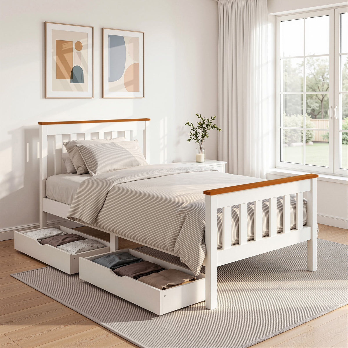 Artiss Bed Frame Single Size Wooden Platform with 2 Storage Drawers White PONY-Furniture > Bedroom > Beds & Bed Frames-PEROZ Accessories