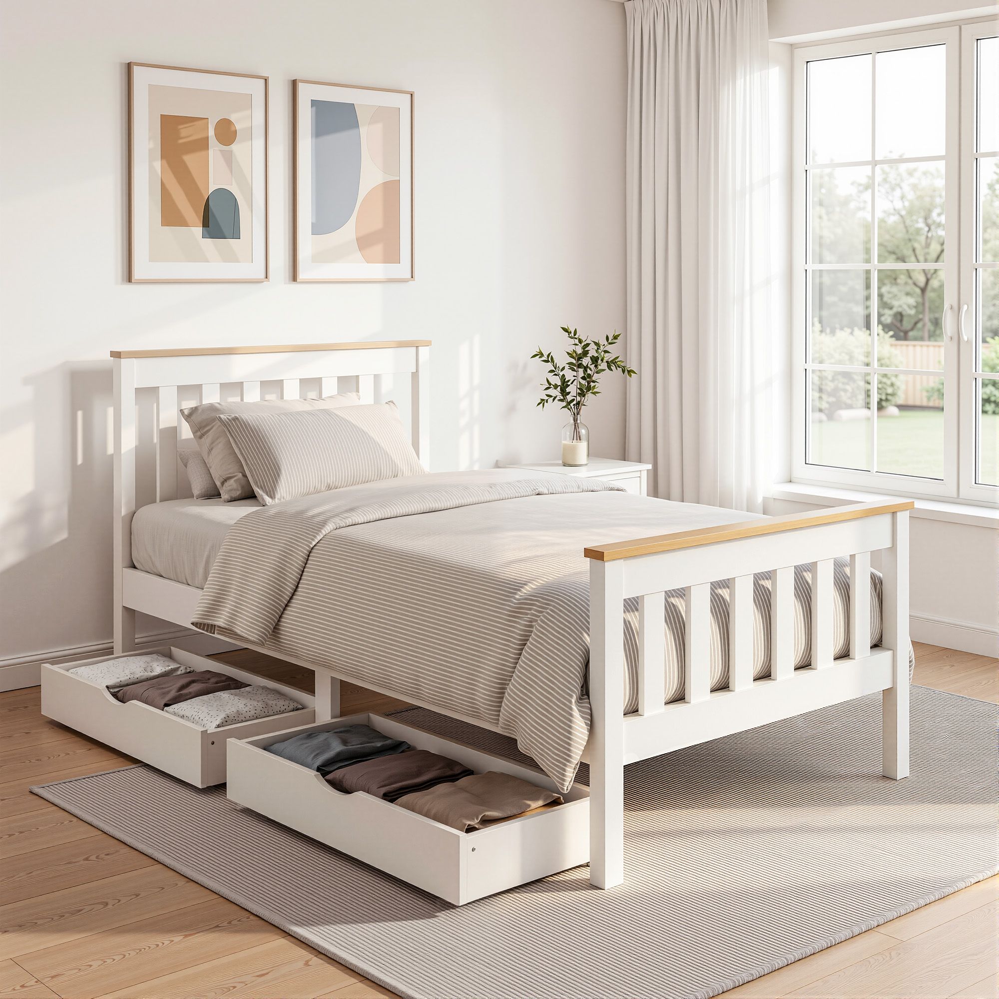 Artiss Bed Frame Single Size Wooden Platform with 2 Storage Drawers White PONY-Furniture > Bedroom > Beds & Bed Frames-PEROZ Accessories