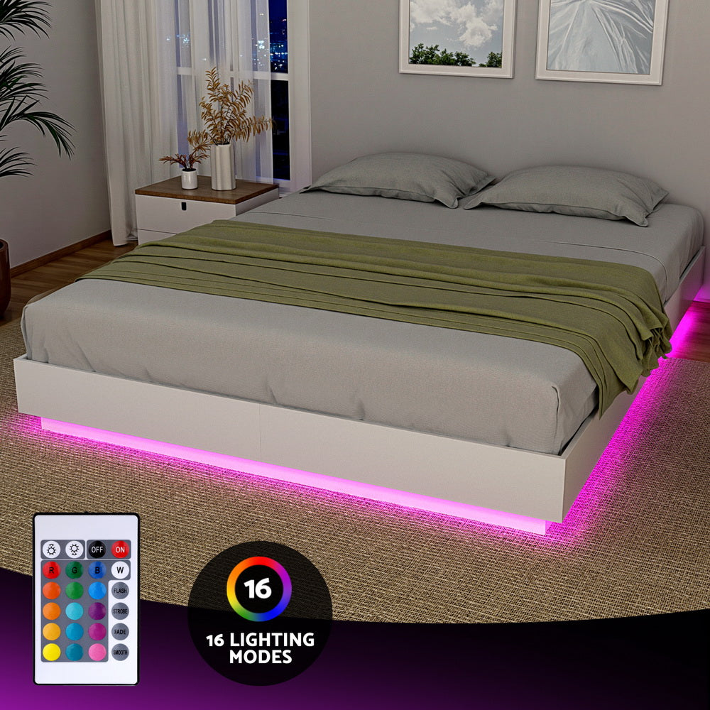 Artiss Double Bed Frame with 16Colour Led Light Wooden Platform Bed Base DAYGLOW-Furniture > Bedroom > Beds & Bed Frames-PEROZ Accessories