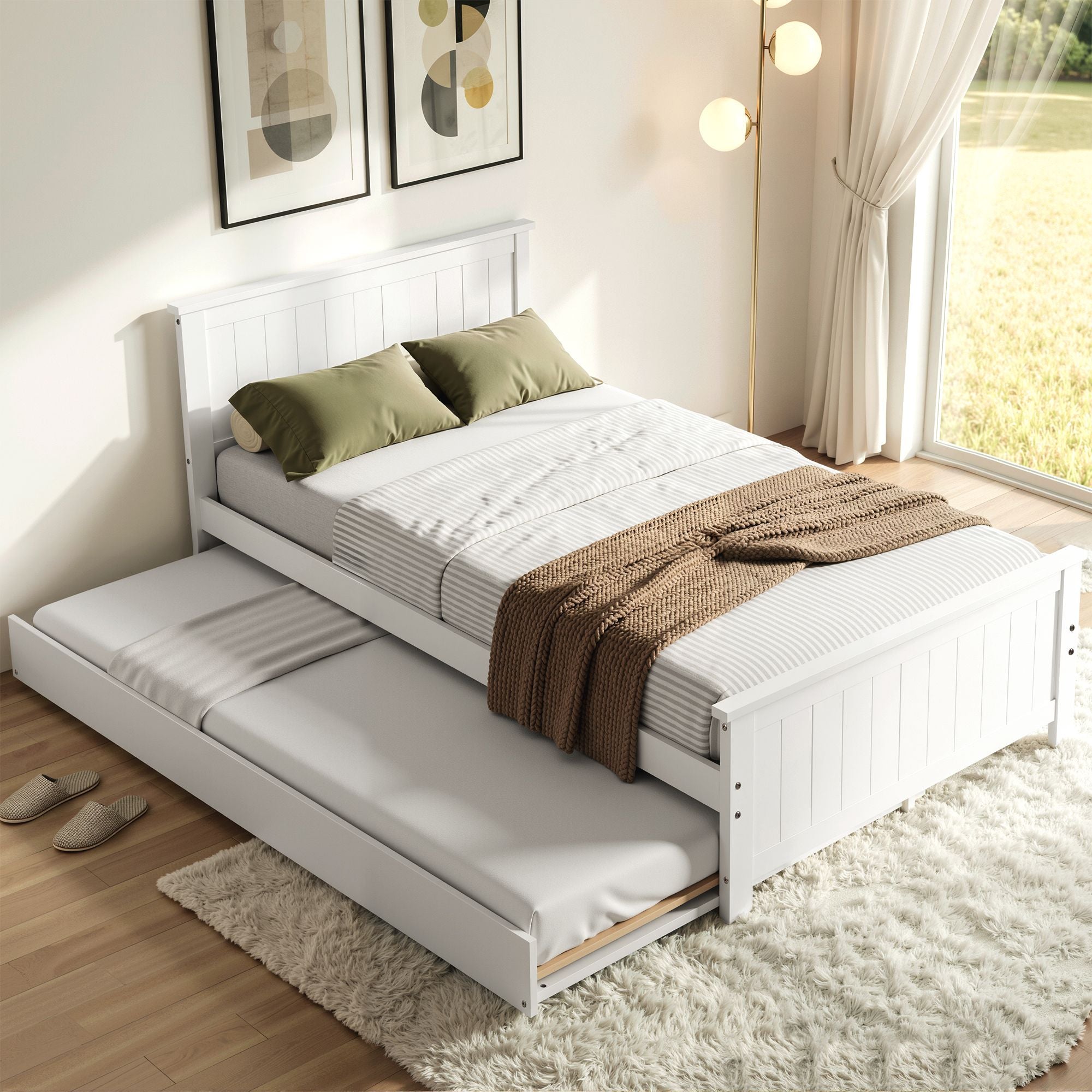 Artiss Single Bed Frame with Trundle Solid Wood Toddler Bunk Bed with Headboard White-Furniture > Bedroom > Beds & Bed Frames-PEROZ Accessories