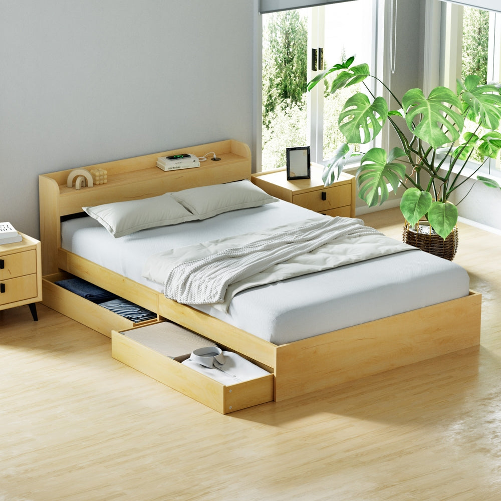 Artiss Bed Frame Double Size with Charging Ports and 2 Drawers AURA-Furniture > Dining > Kitchen & Dining Chairs-PEROZ Accessories