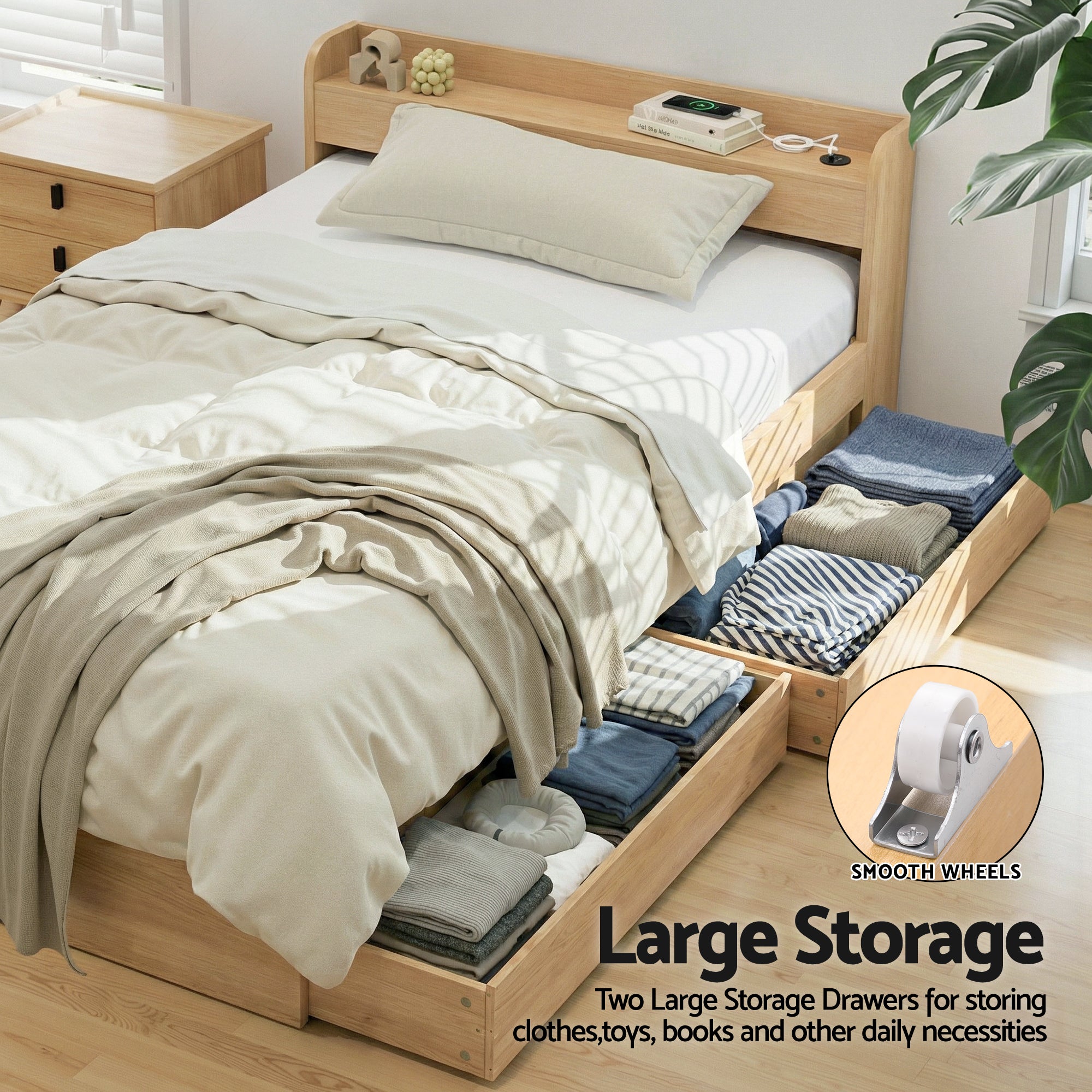 Artiss Single Bed Frame with 2 Storage Drawers Platform Bed Base with USB Ports Sturdy Wooden Slat Support Natural-Furniture > Bedroom > Beds & Bed Frames-PEROZ Accessories