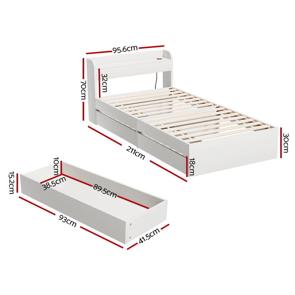 Artiss Bed Frame Single Size with Charging Ports and 2 Drawers AURA-Furniture > Bedroom > Beds & Bed Frames-PEROZ Accessories