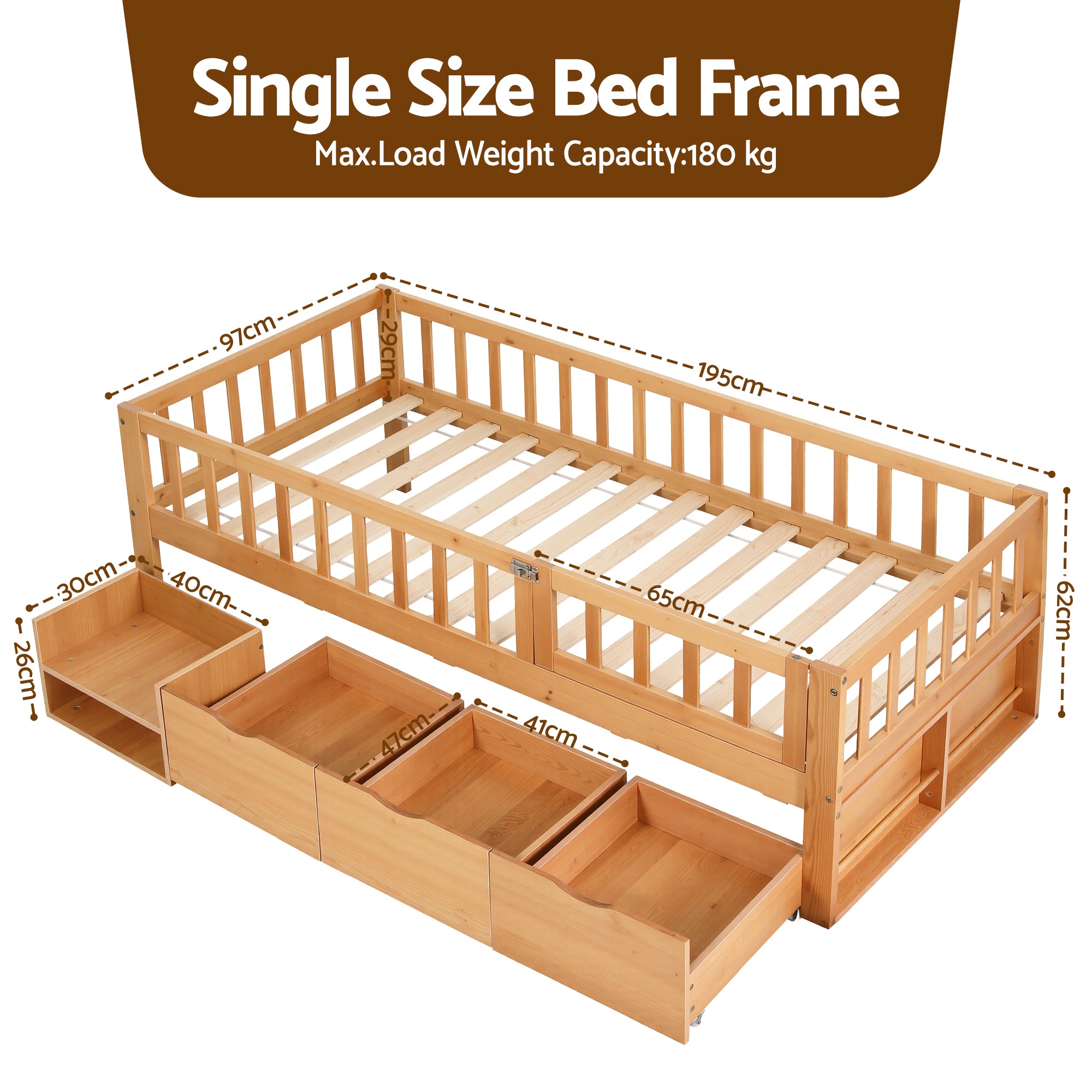 Artiss Kids Single Bed Frame with 3 Storage Drawer Montessori Bed for Toddler Natural-Furniture > Bedroom > Beds & Bed Frames-PEROZ Accessories