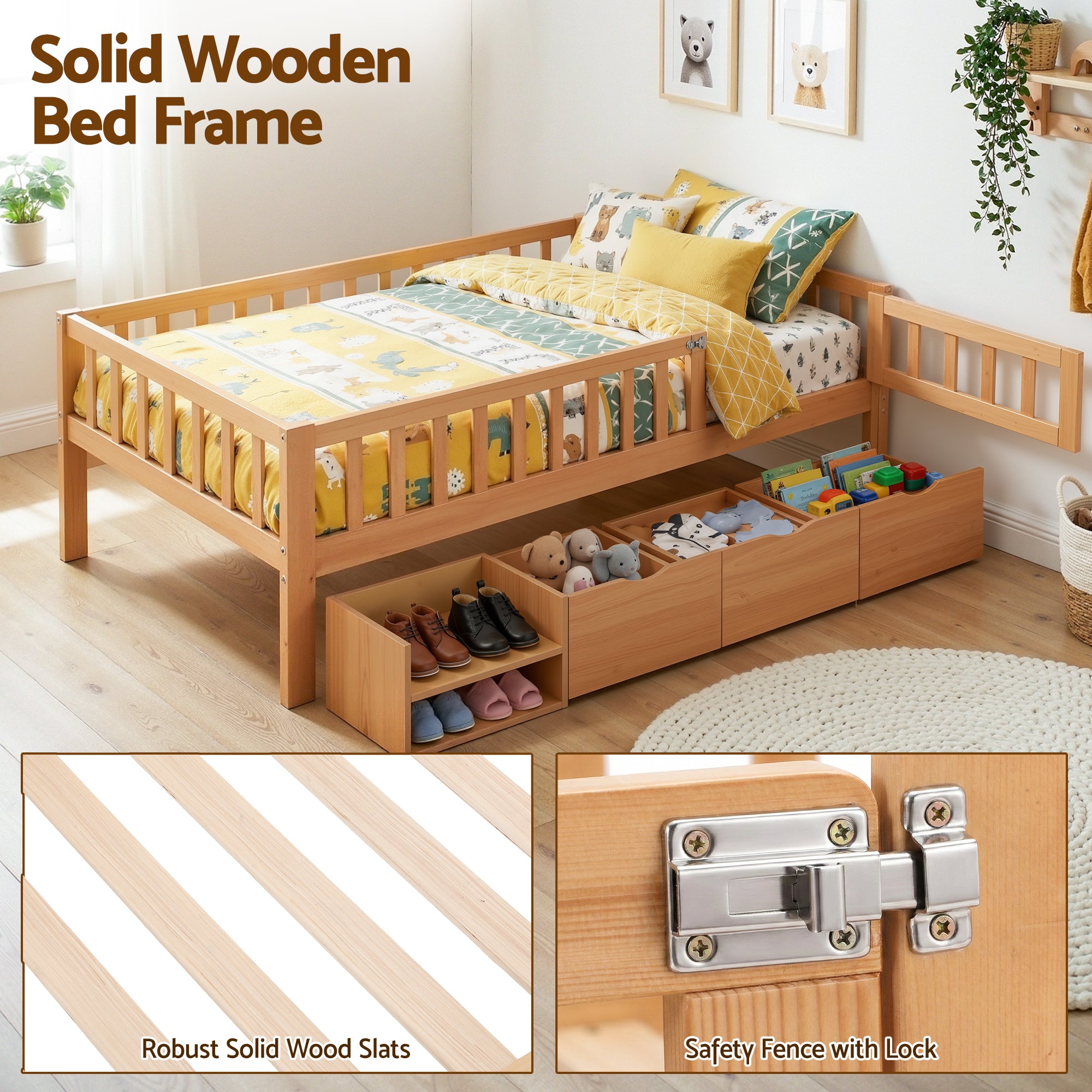 Artiss Kids Single Bed Frame with 3 Storage Drawer Montessori Bed for Toddler Natural-Furniture > Bedroom > Beds & Bed Frames-PEROZ Accessories