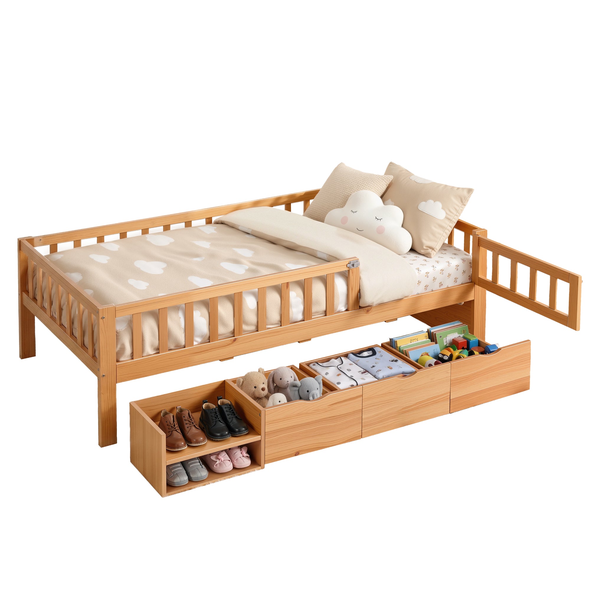 Artiss Kids Single Bed Frame with 3 Storage Drawer Montessori Bed for Toddler Natural-Furniture > Bedroom > Beds & Bed Frames-PEROZ Accessories