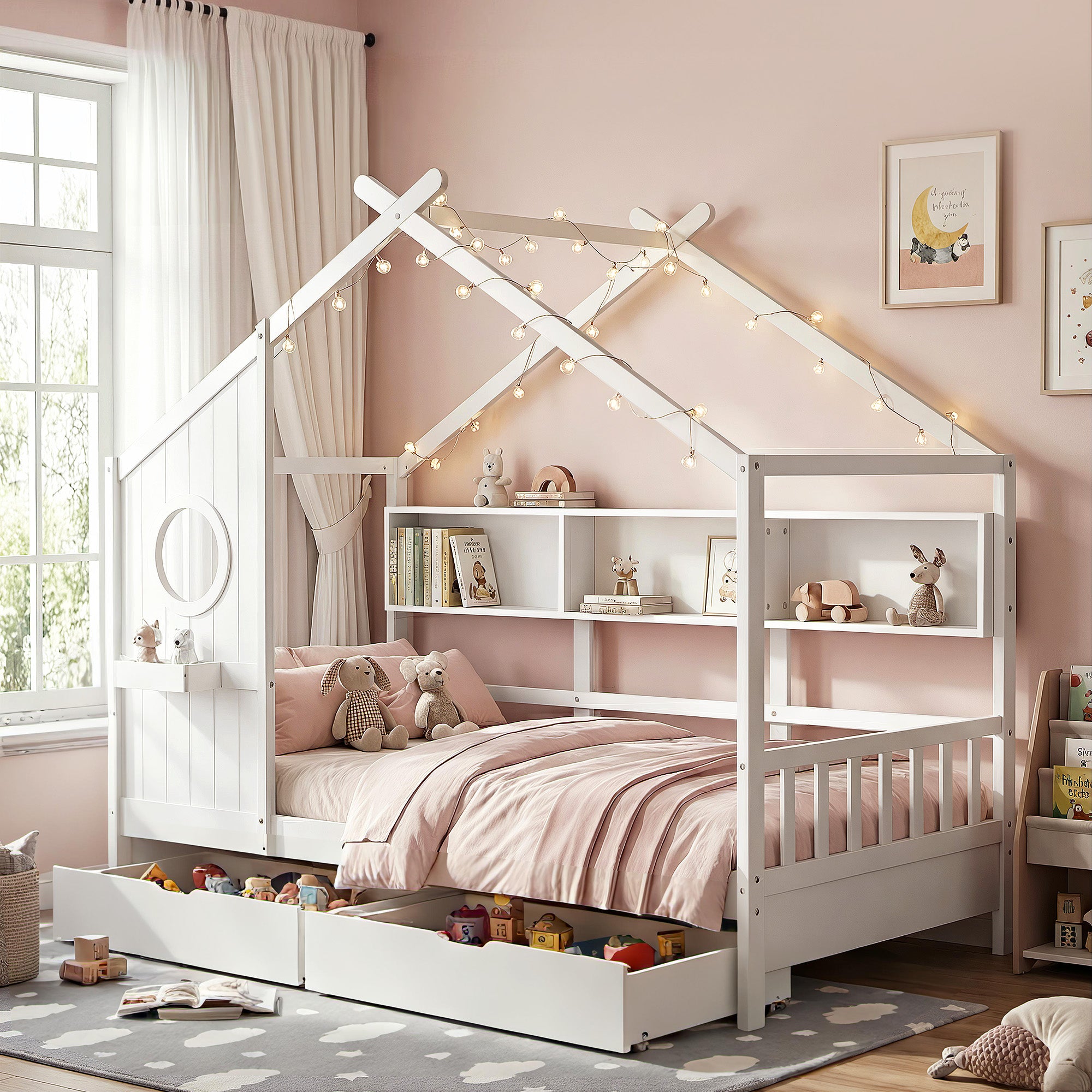 Artiss Kids Single Bed Frame with 3 Storage Bookcase & 2 Drawers House Bed Solid Wood Montessori Bed Easy Assembly White-Furniture > Bedroom > Beds & Bed Frames-PEROZ Accessories
