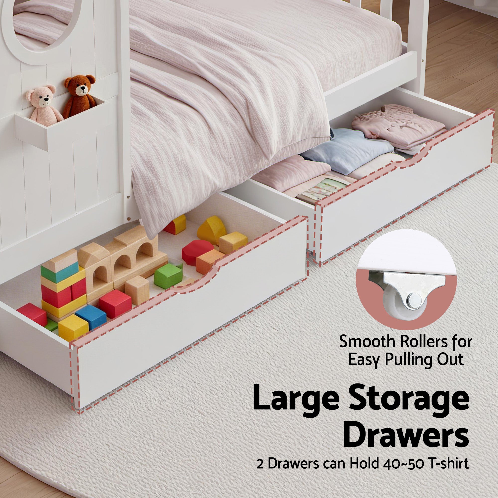 Artiss Kids Single Bed Frame with 3 Storage Bookcase & 2 Drawers House Bed Solid Wood Montessori Bed Easy Assembly White-Furniture > Bedroom > Beds & Bed Frames-PEROZ Accessories