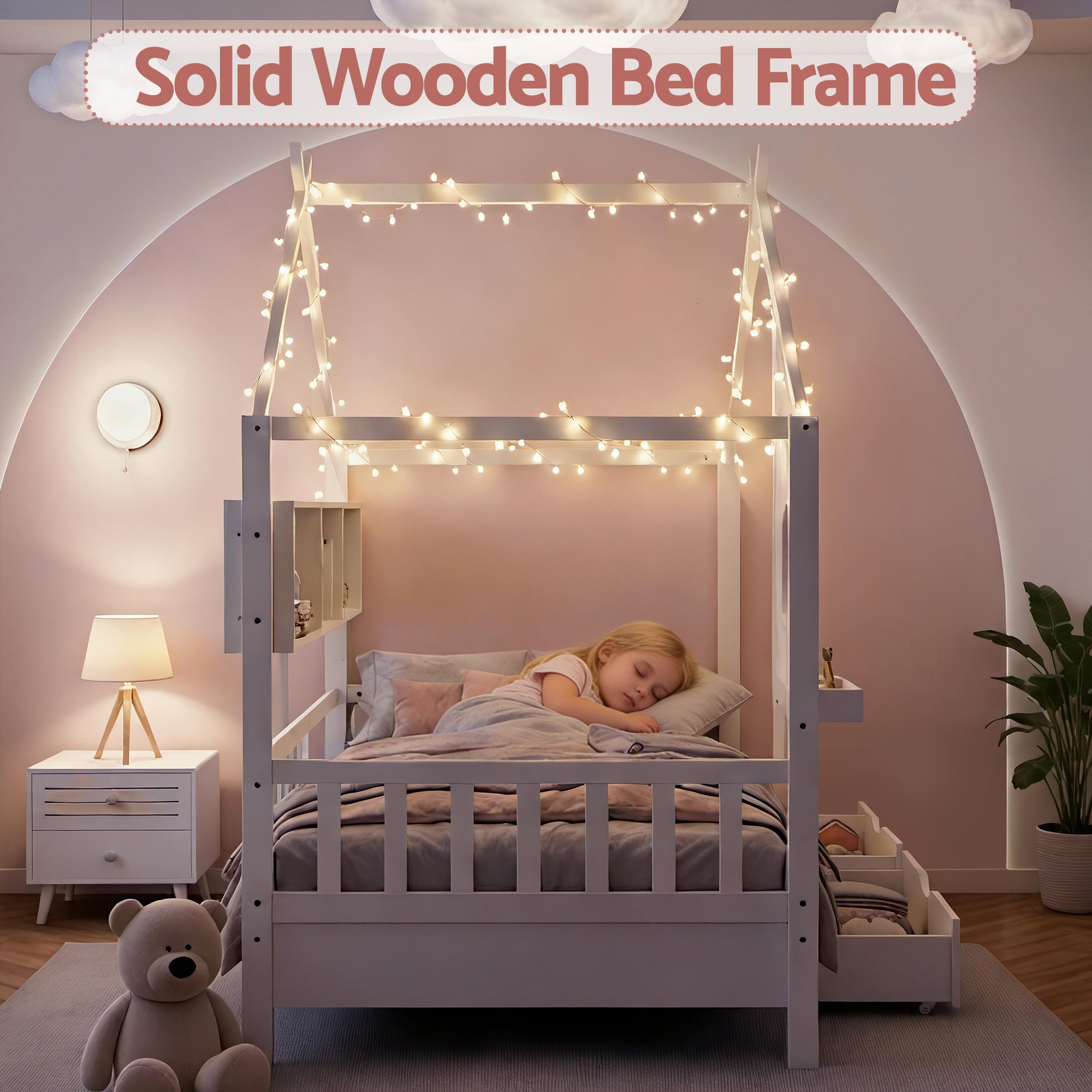 Artiss Kids Single Bed Frame with 3 Storage Bookcase & 2 Drawers House Bed Solid Wood Montessori Bed Easy Assembly White-Furniture > Bedroom > Beds & Bed Frames-PEROZ Accessories